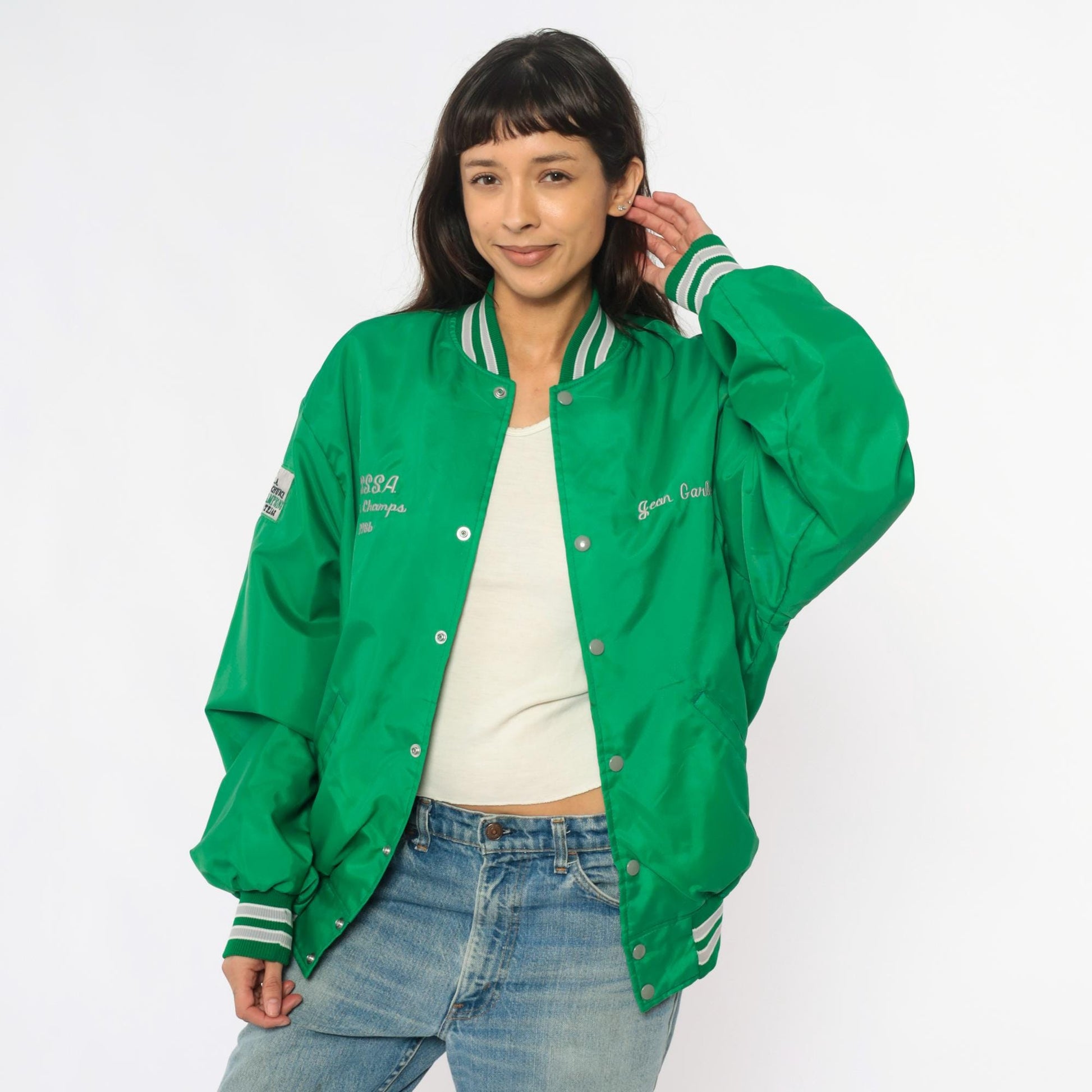 80s Green Varsity Bomber Jacket Embroidered Patches Snap Front Extra Large XL