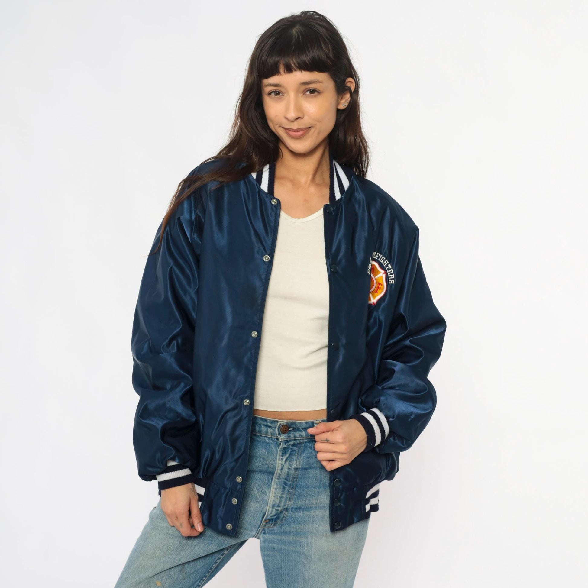 90s Erie Firefighters Navy Satin Bomber Jacket Embroidered Patch Extra Large XL