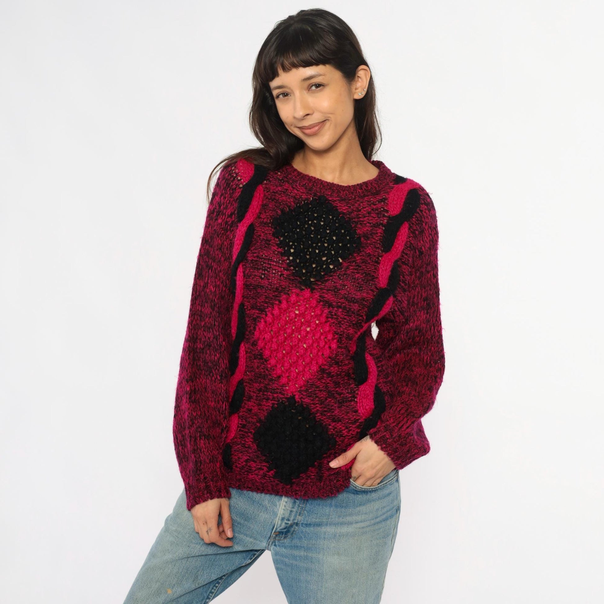 80s Safret Burgundy Diamond Cable Knit Sweater Medium M