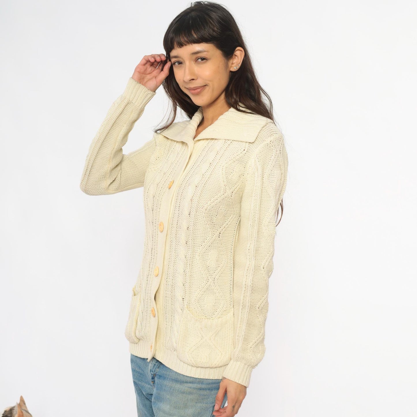 70s Cable Knit Cardigan Cream Shawl Collar Patch Pockets Small