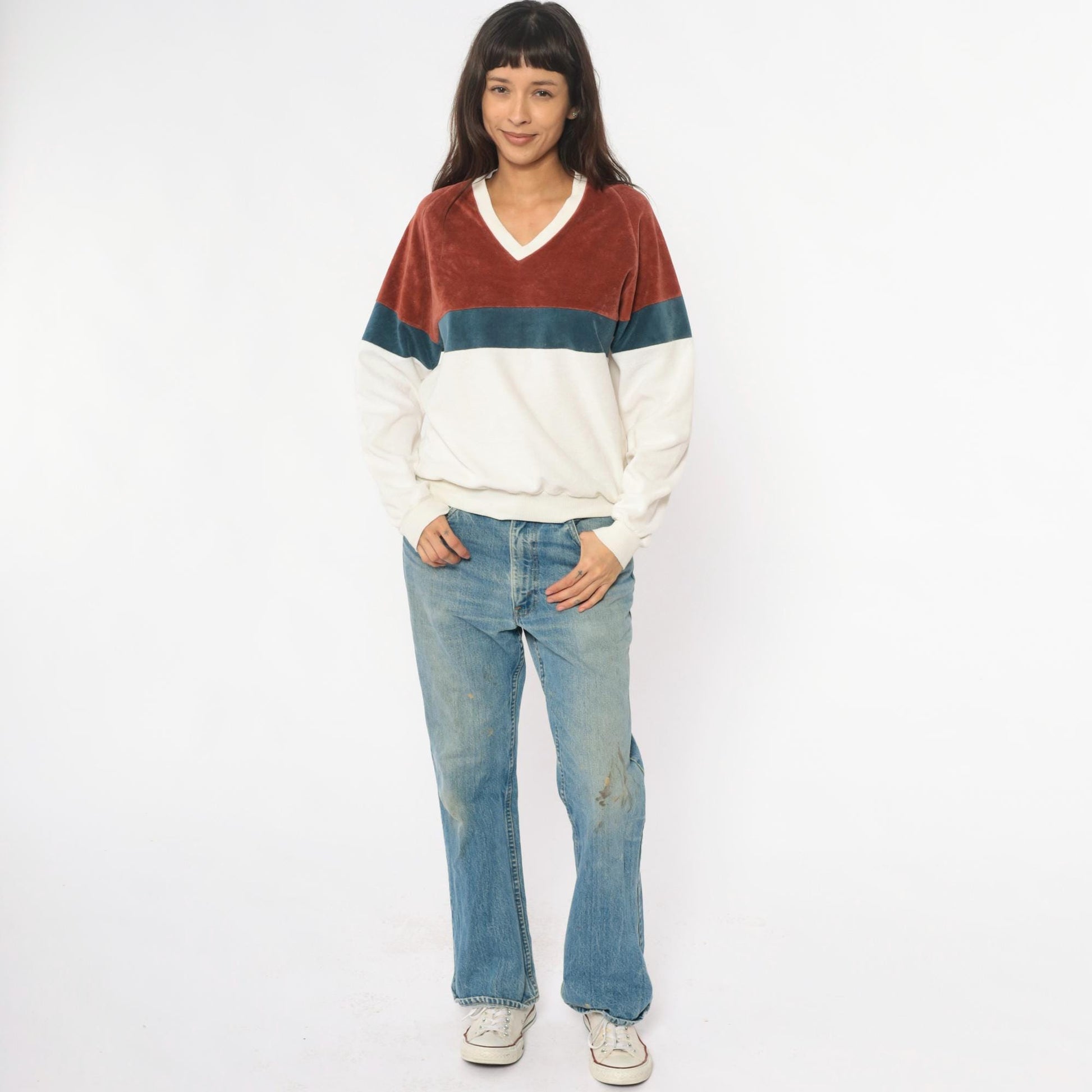 80s Expressions Velour Sweatshirt Color Block Brown Teal Cream Raglan Medium