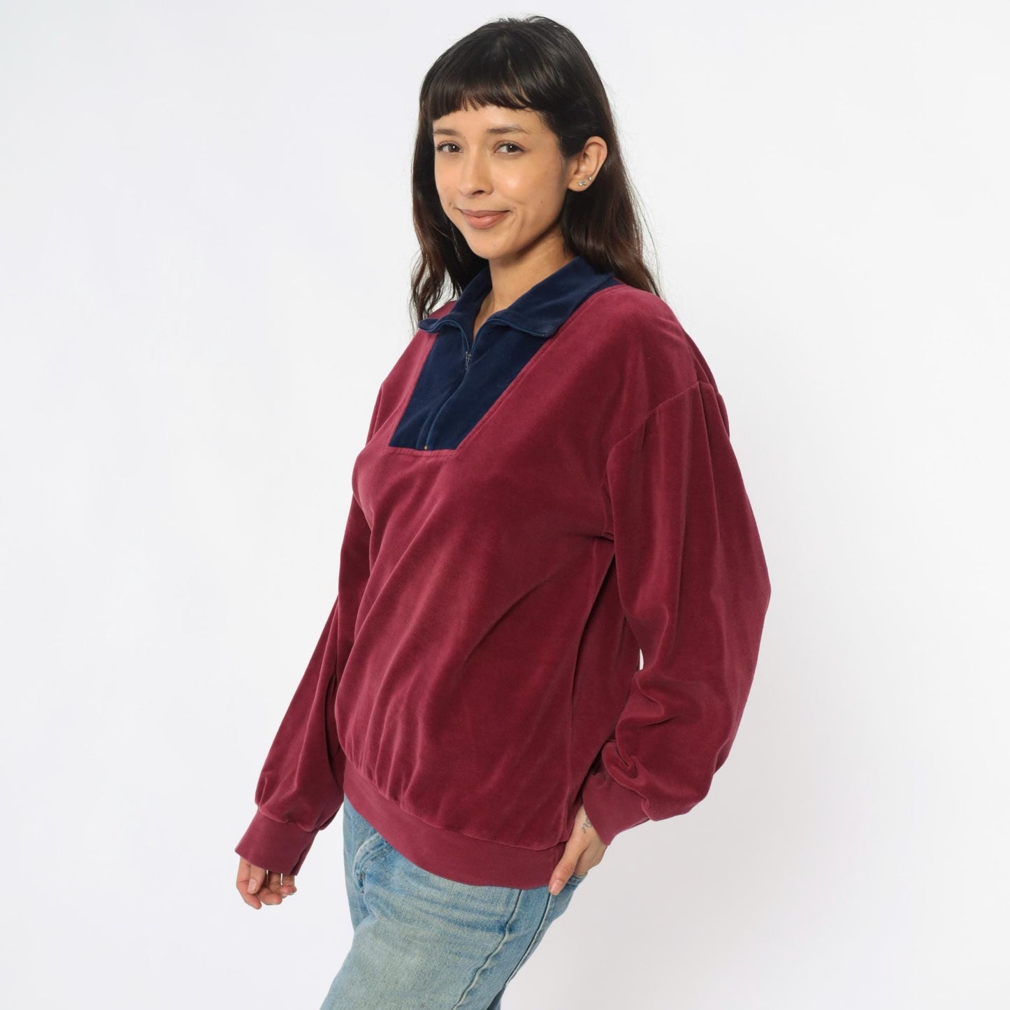80s Velour Pullover Burgundy Navy Colorblock Half Zip Collared Track Top Medium