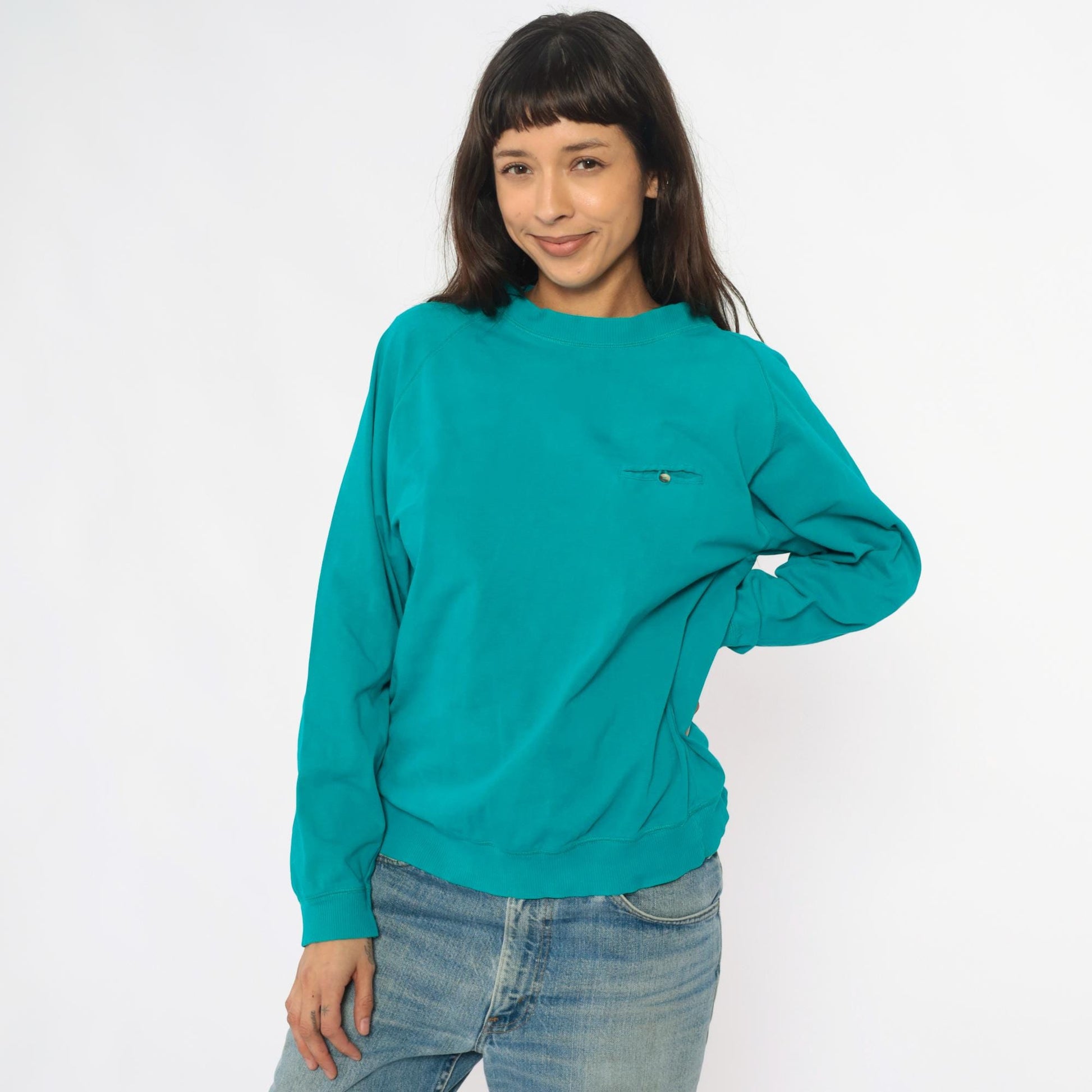 90s Turquoise Cotton Raglan Sweatshirt Pocket Button Detail Medium M