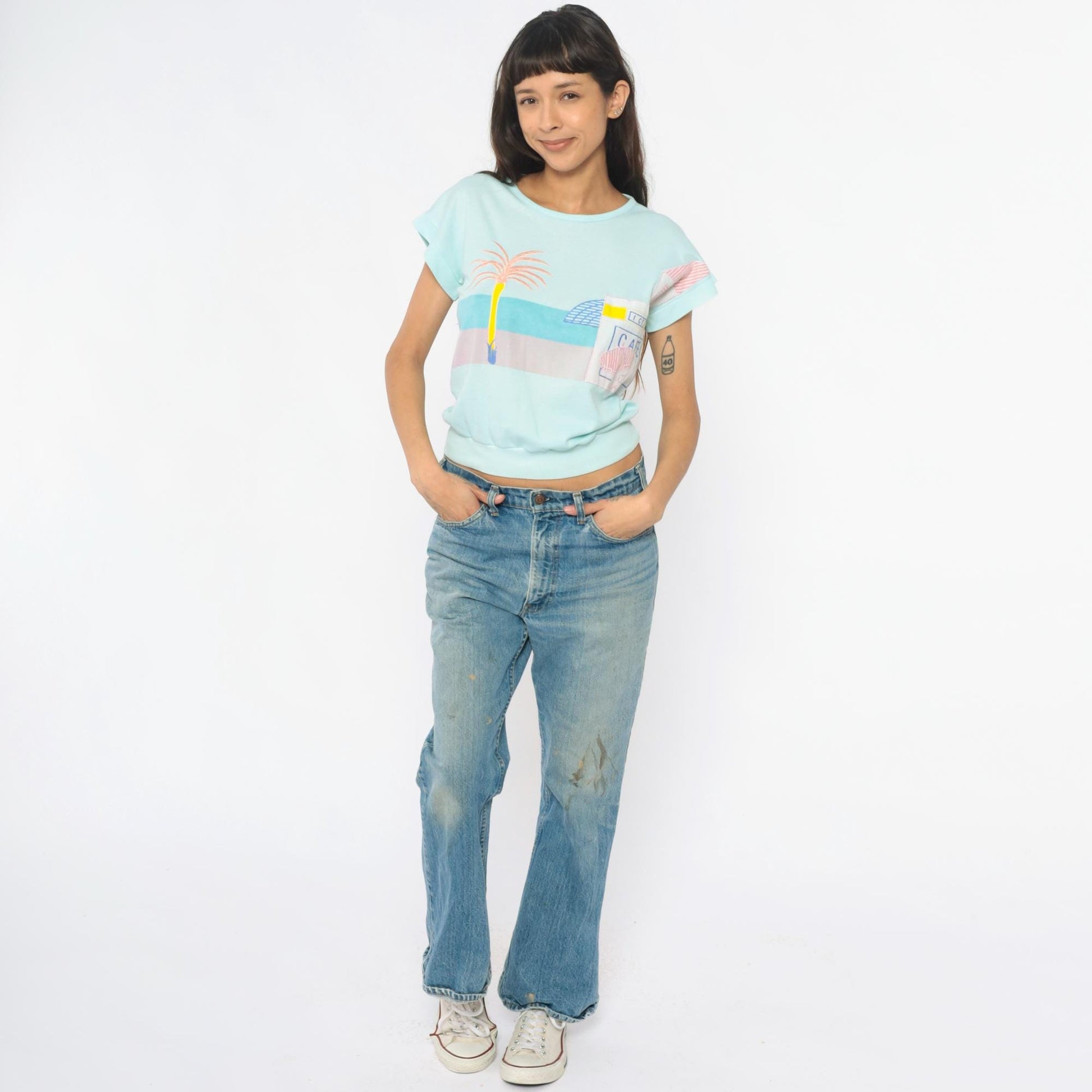 80s Beach Cafe Graphic Sweatshirt Mint Blue Cropped Pocket Medium