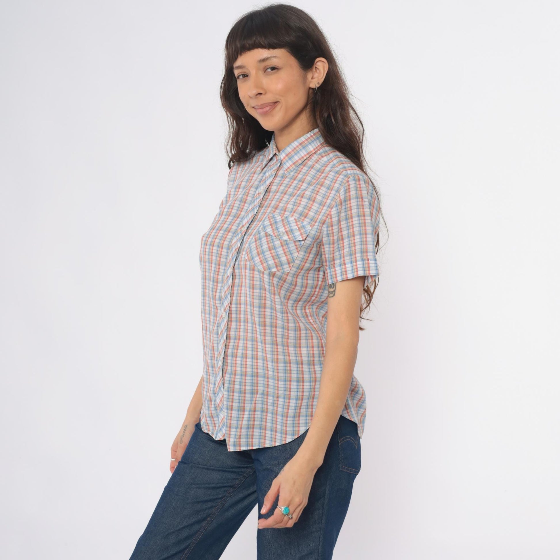 80s Plaid Button-Up Shirt Short Sleeve Pointed Collar Cotton Multicolor Medium