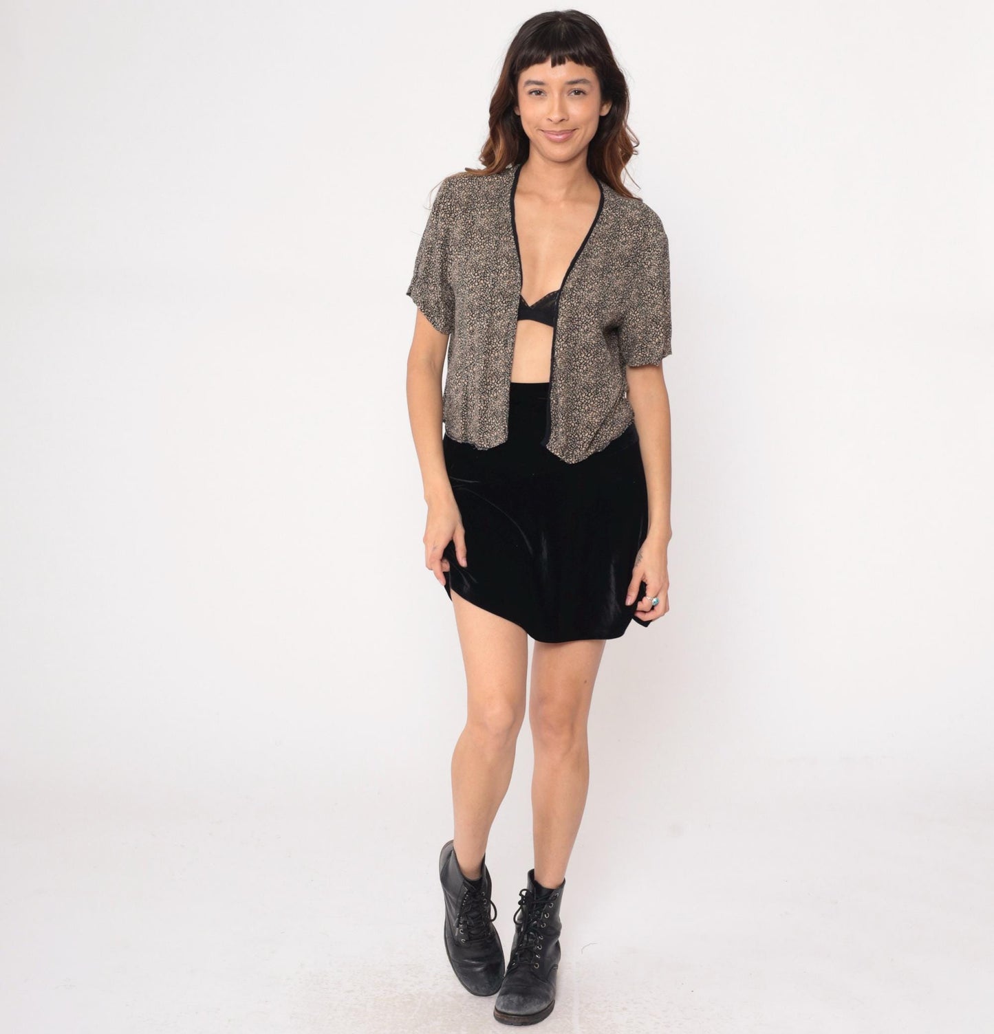 90s Leopard Print Cropped Cardigan Shrug Black Tan Open Front Medium