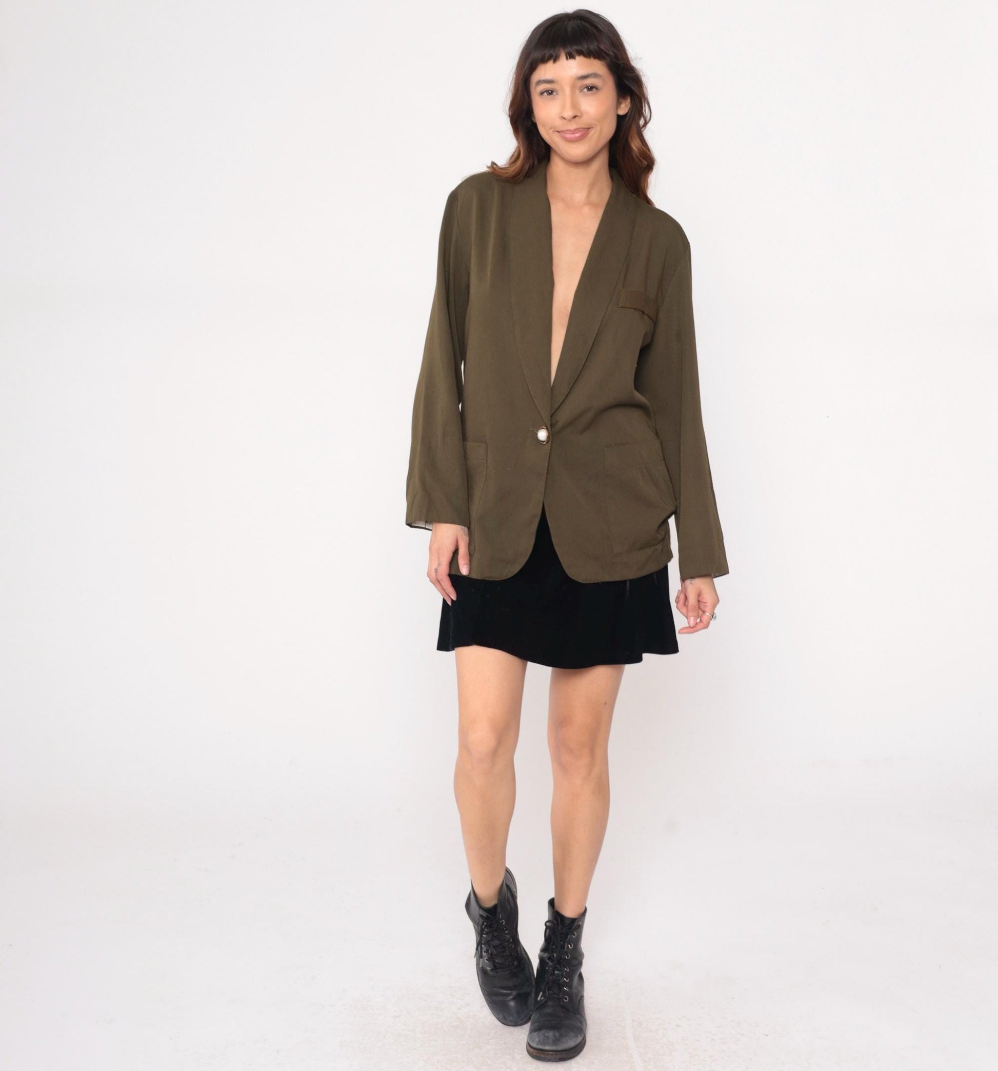 90s Olive Green Blazer Single Button Shawl Collar Jacket Medium M