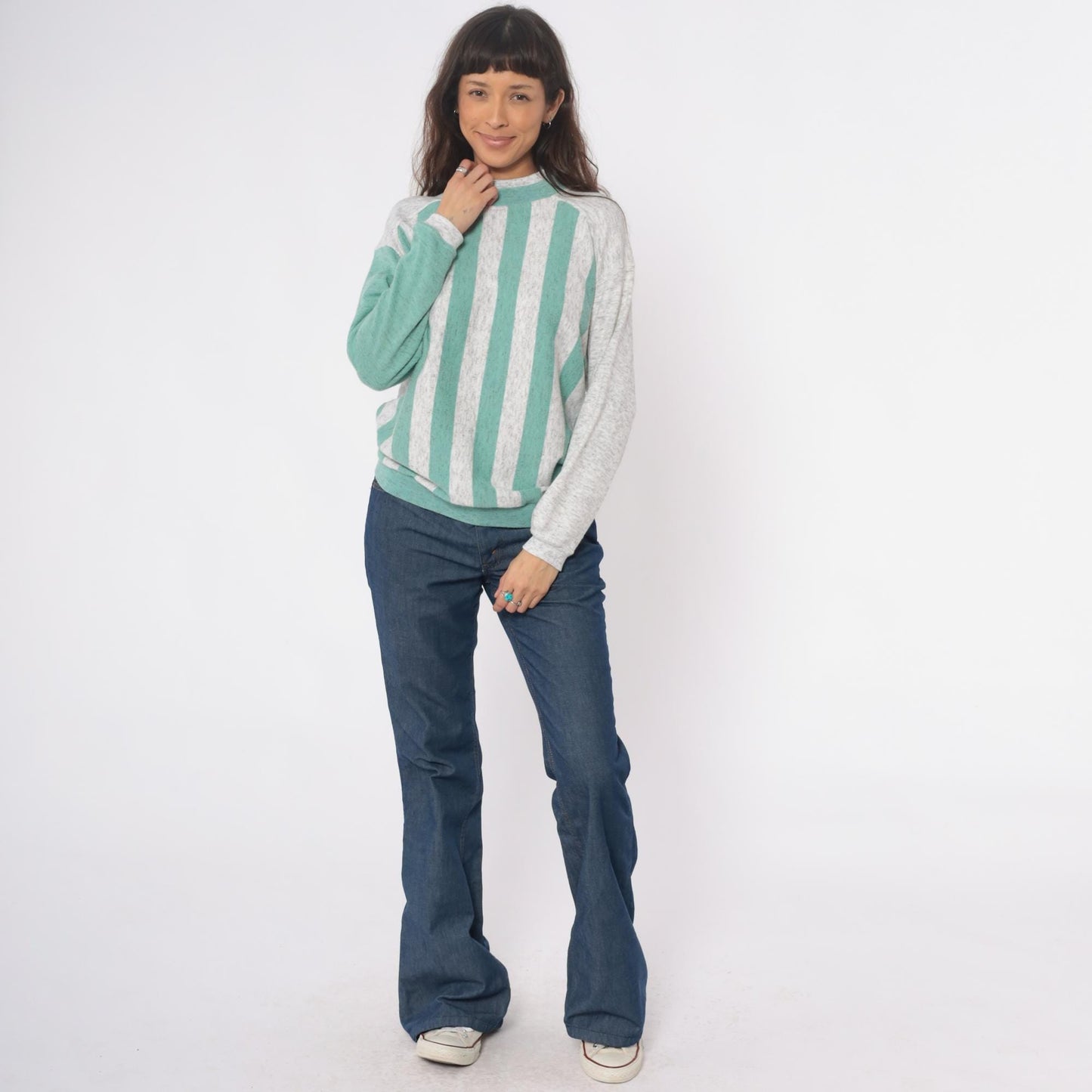 90s Aileen Petites Striped Mock Neck Sweatshirt Teal Grey Medium