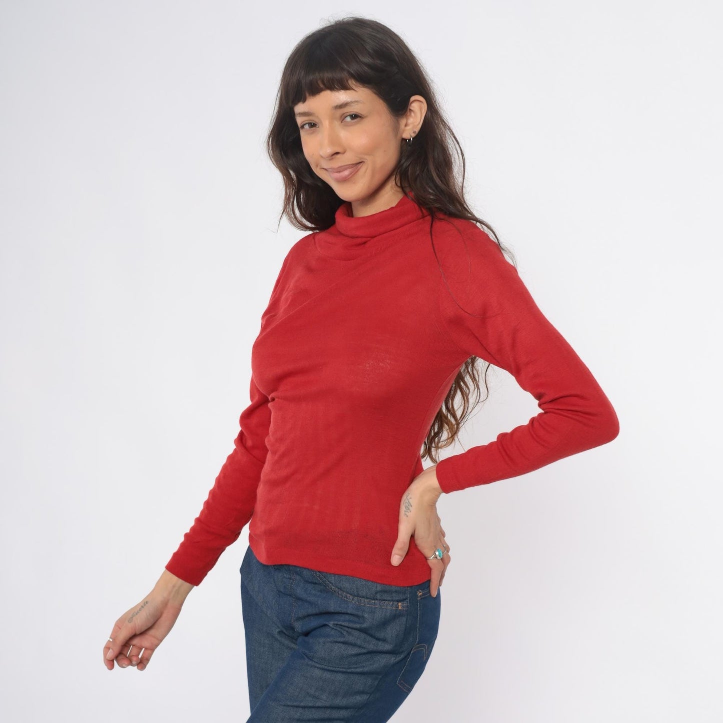 80s Red Turtleneck Acrylic Knit Fitted Long Sleeve Pullover Medium M