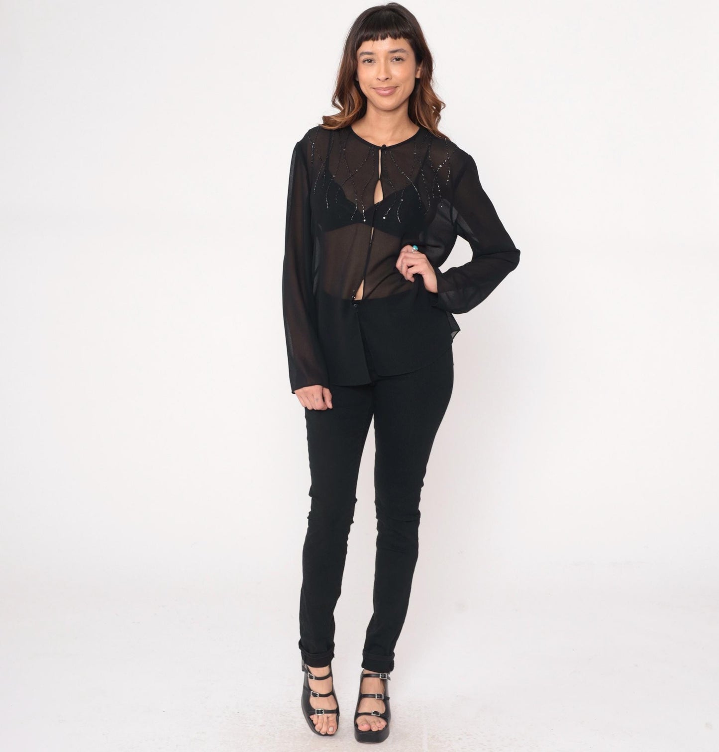 90s Adrianna Papell Black Beaded Blouse Keyhole Neckline Sheer Large L