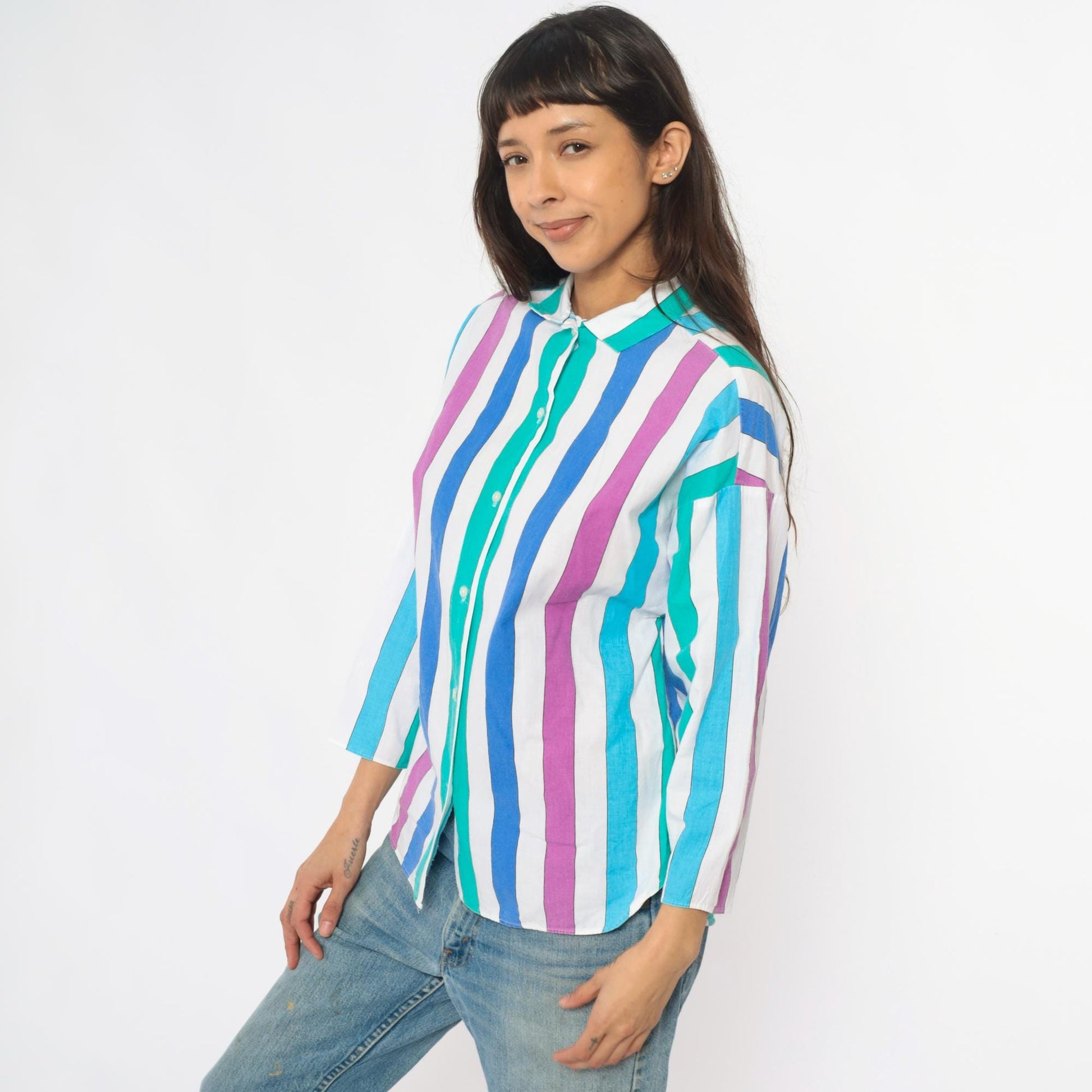 80s Avon Fashions Striped Cotton Blouse Vertical Stripes Purple Blue Small S