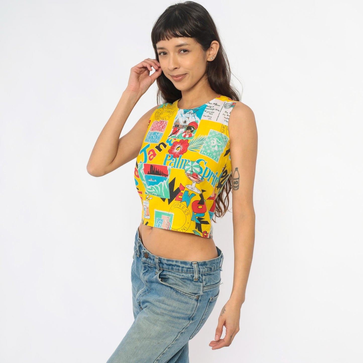90s Yellow Crop Tank Postcard Print Novelty Sleeveless Top Extra Small XS