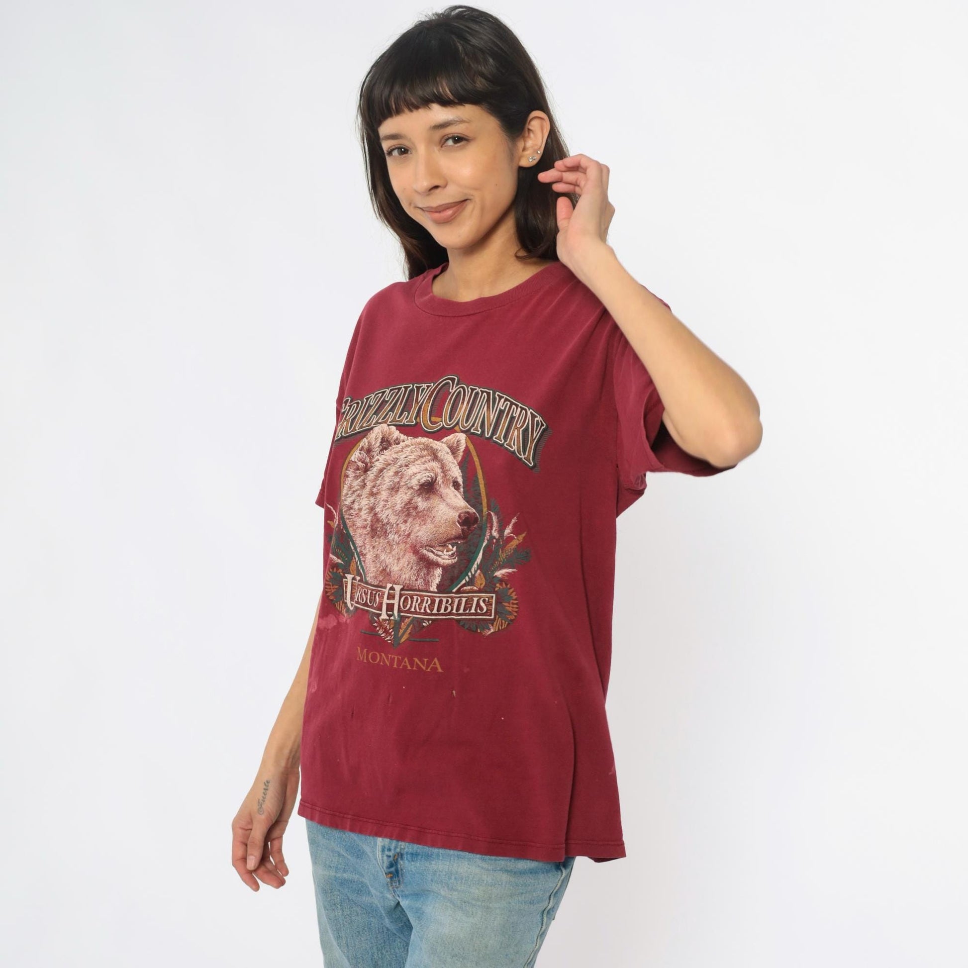 90s Grizzly Bear Montana Graphic Tee Burgundy Cotton Medium M