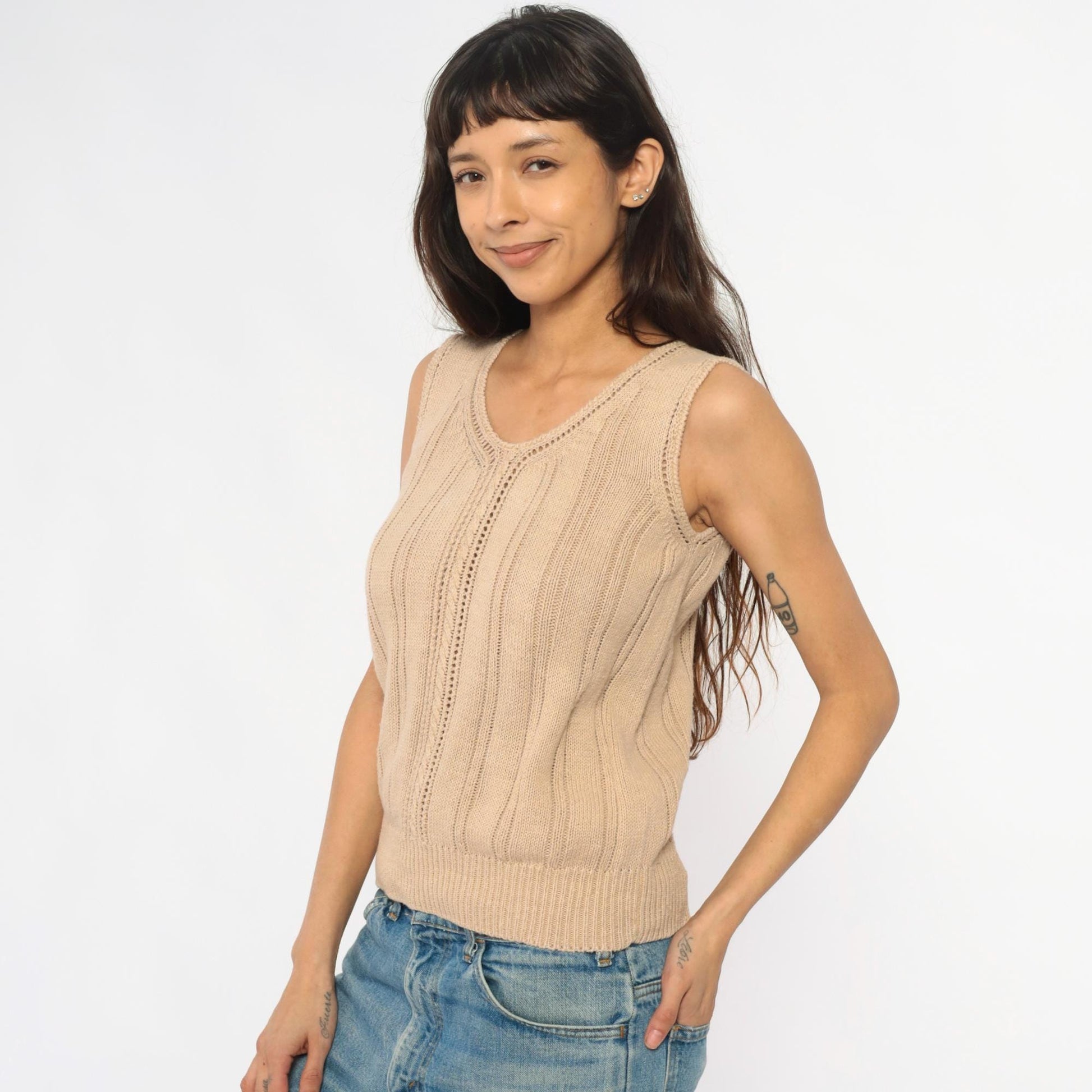 90s Crystal Cream Knit Tank V-Neck Cable Pointelle Cropped Medium M
