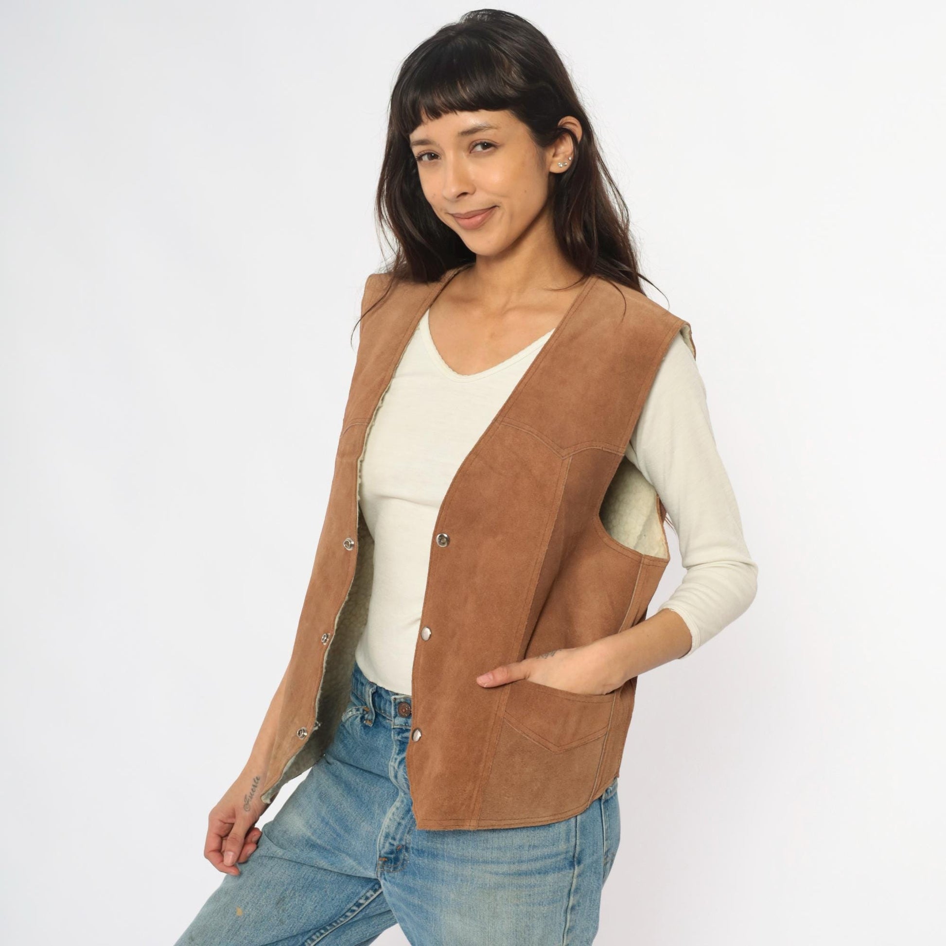 80s Brown Suede Vest Shearling Lined Snap Button Western Waistcoat Large L