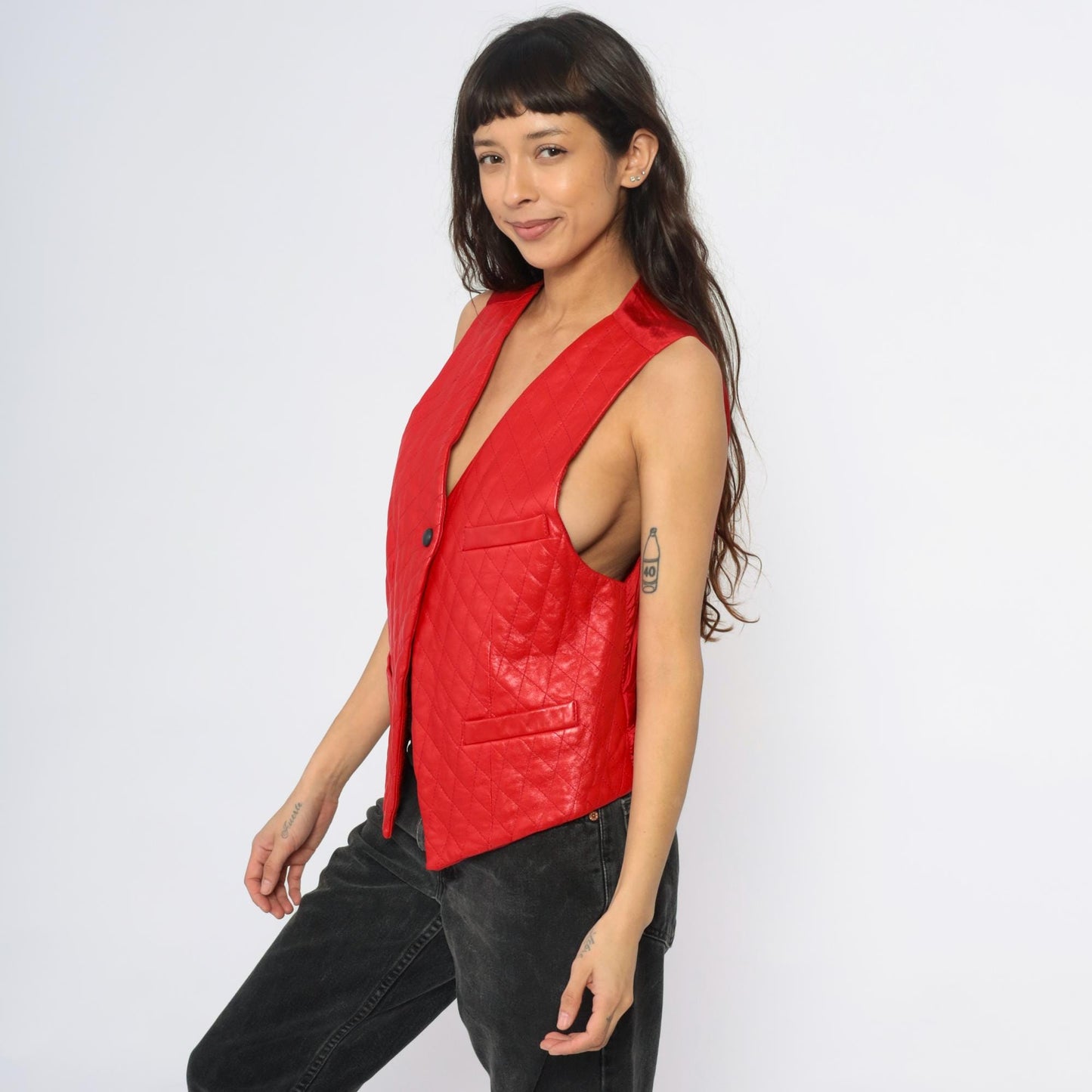 90s Red Leather Quilted Diamond Vest Adjustable Medium M