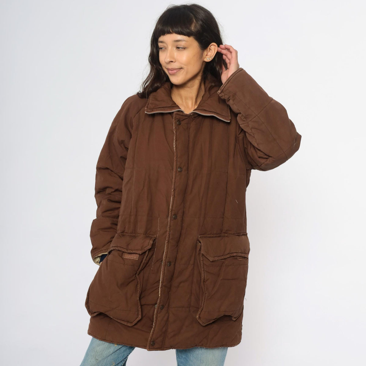80s REI Brown Quilted Puffer Jacket Corduroy Collar Zip Large