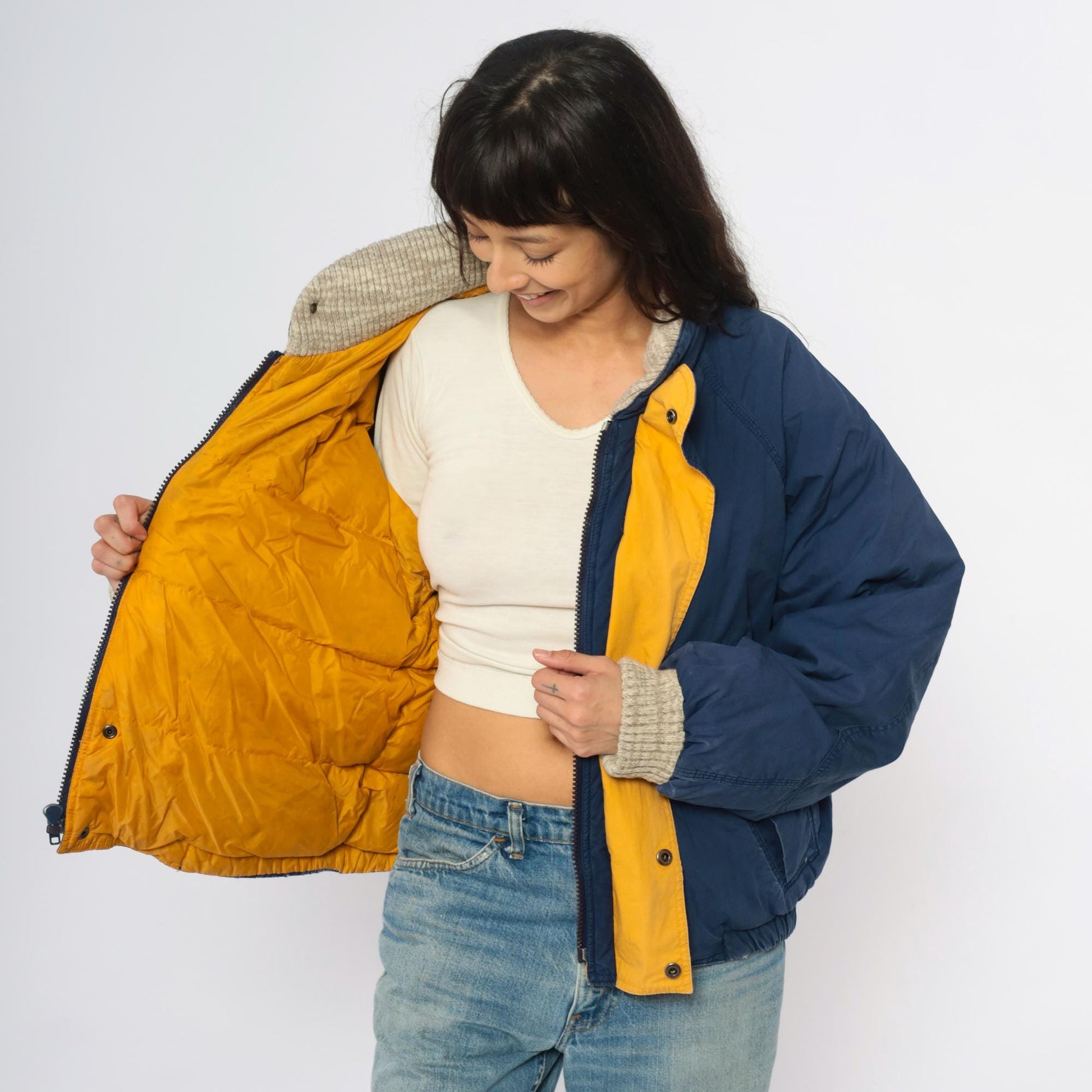 90s John Ashford Navy Bomber Jacket Down Fill Sherpa Collar Yellow Lining Large L