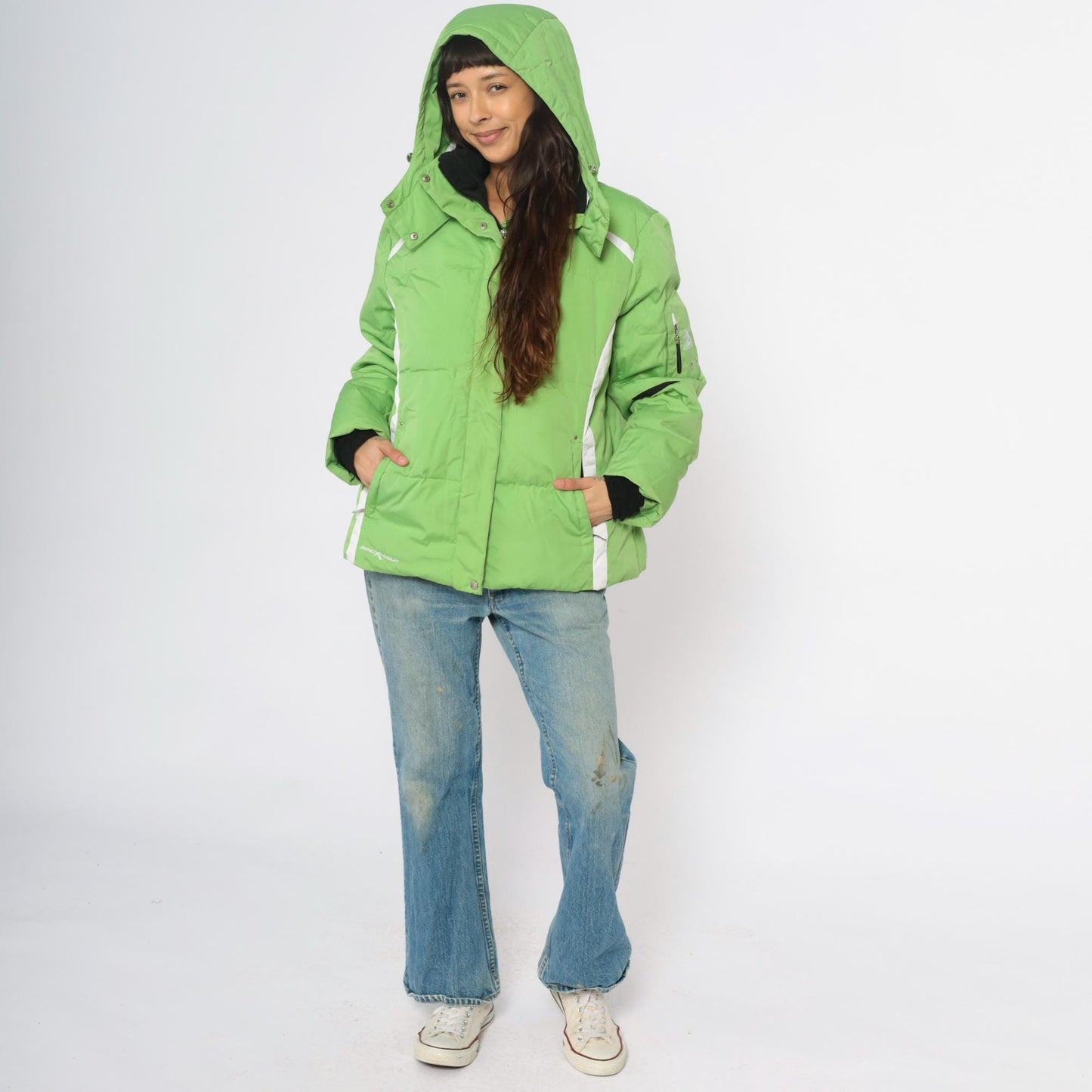 Y2K Zero Xposur Lime Green Colorblock Ski Jacket Hooded Puffer Extra Large