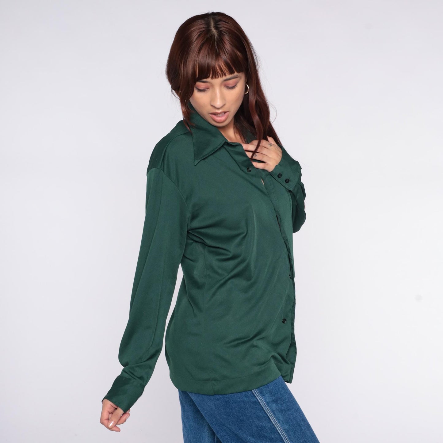 70s Joel Forest Green Button-Up Shirt Long Sleeve Chest Pocket Large