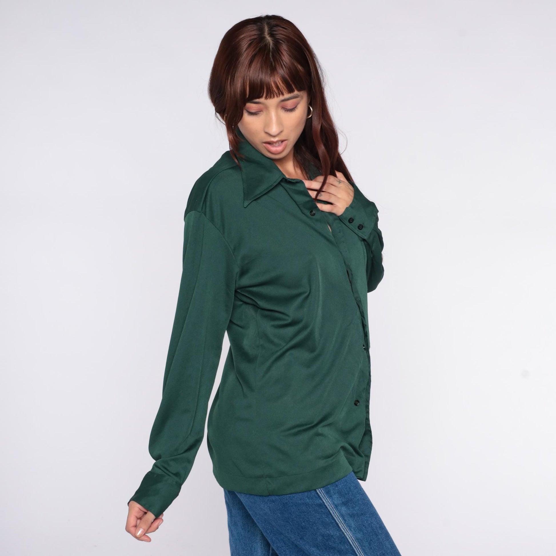 70s Joel Forest Green Button-Up Shirt Long Sleeve Chest Pocket Large