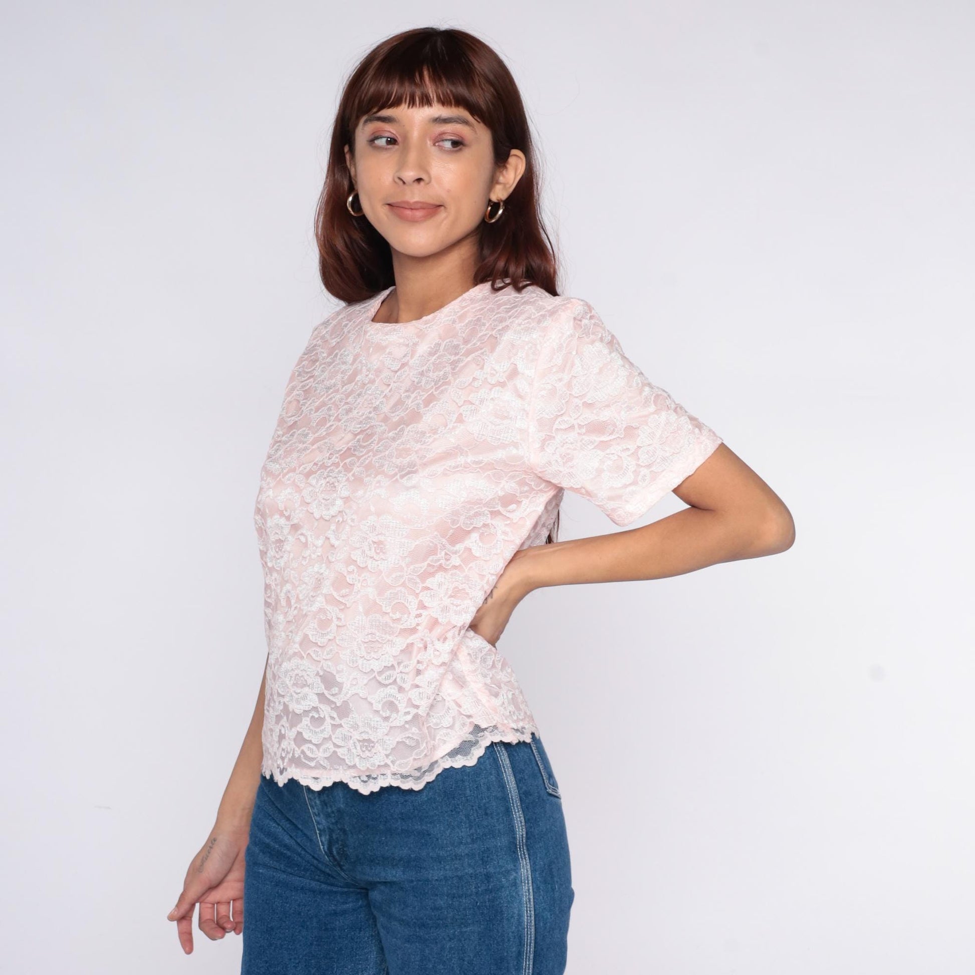 80s Appleseed's Pink Lace Blouse White Floral Scalloped Keyhole Back Medium M
