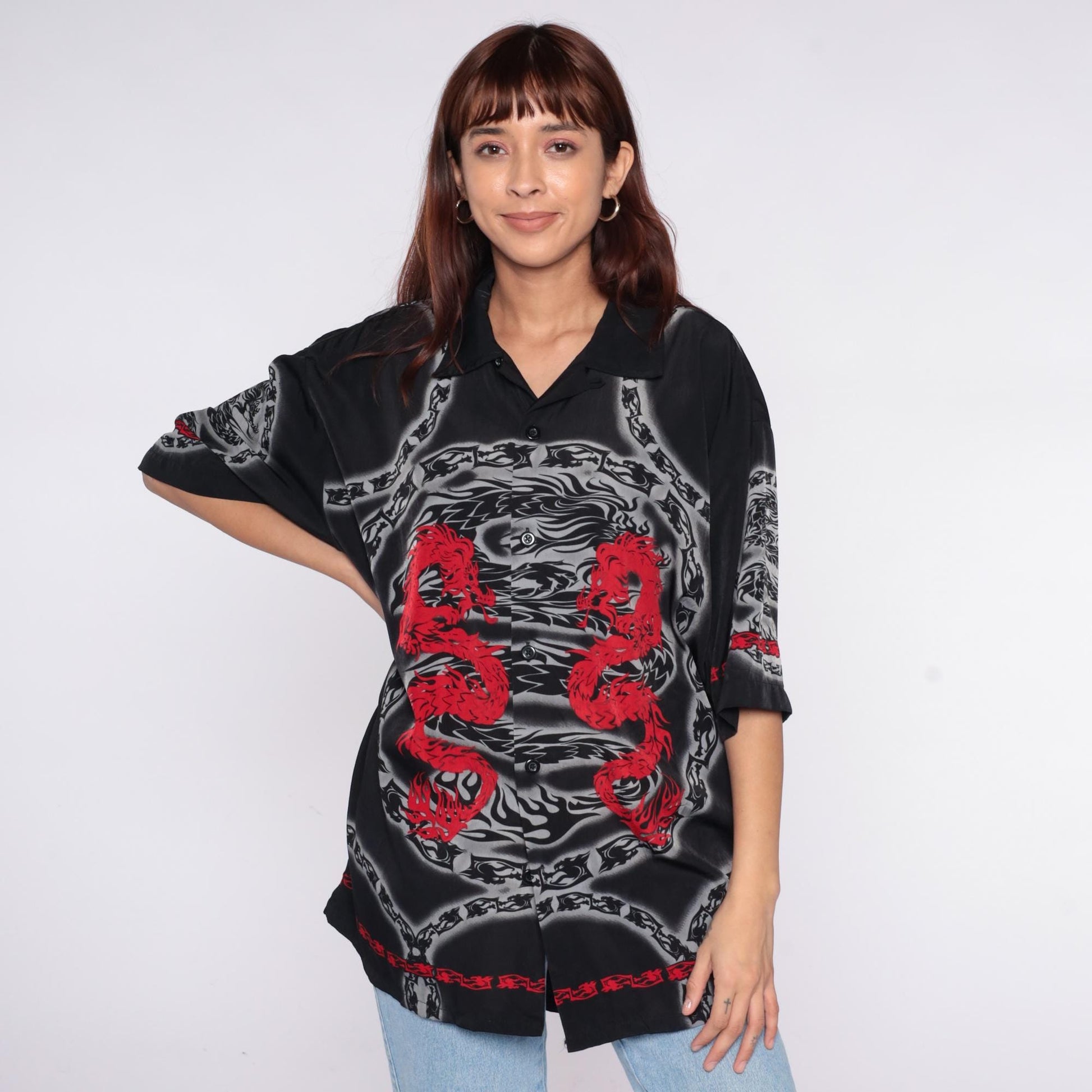 Y2K Saphire Lounge Dragon Chain Button Shirt Black Red Extra Large XL