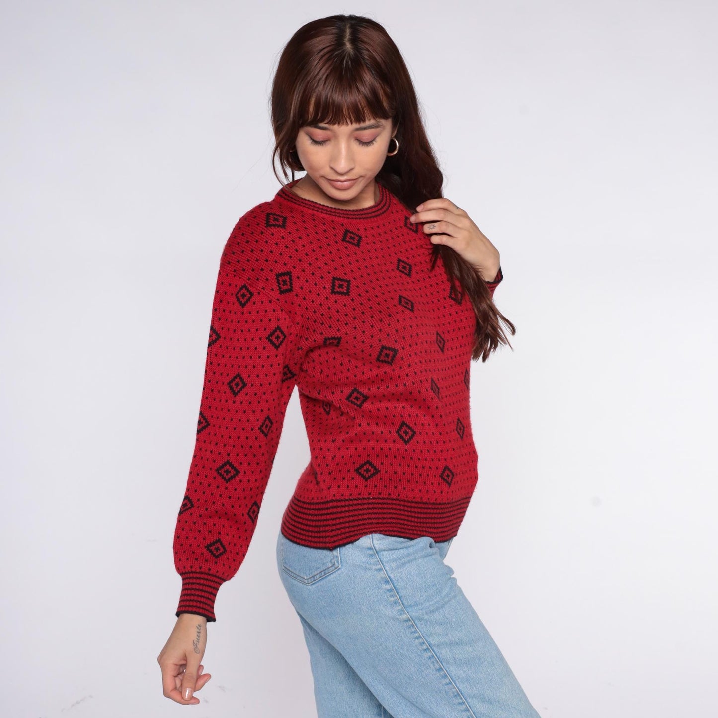 80s Red Geometric Diamond Sweater Black Dot Crew Neck Knit Small S