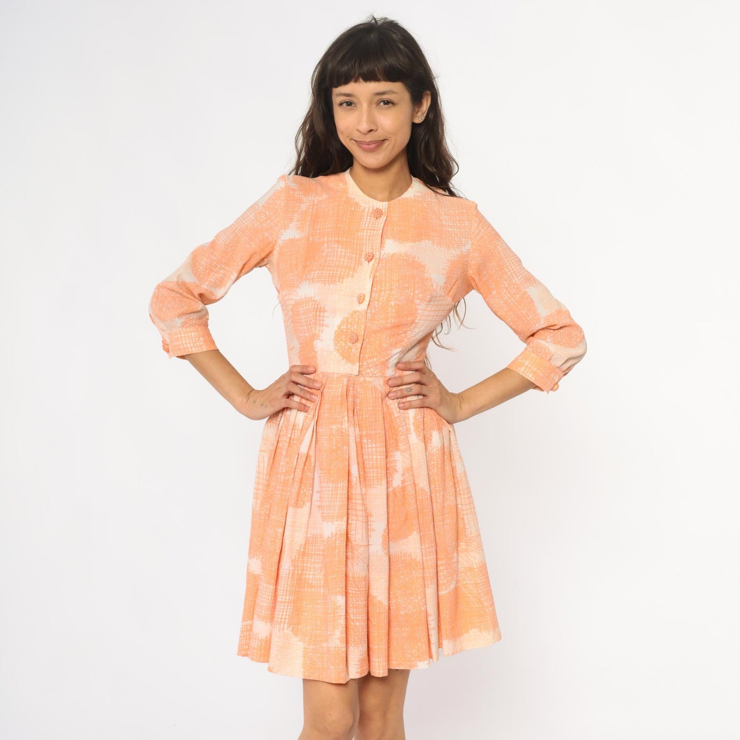 60s Peach Floral Button Front Dress Peter Pan Collar Pleated Skirt XS