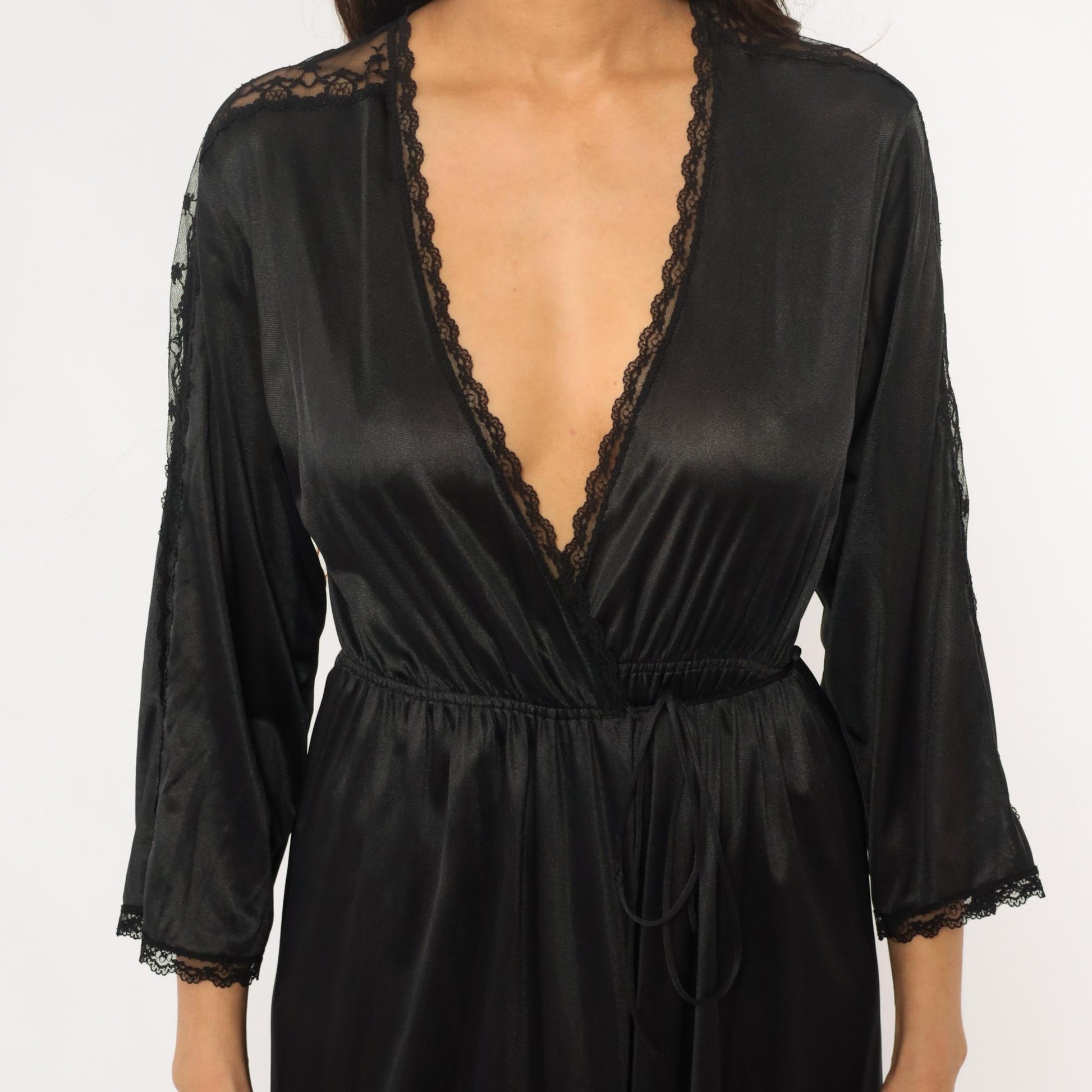 70s Black Nylon Lace Robe Maxi Wrap Front Deep V Neck Tie Waist Small