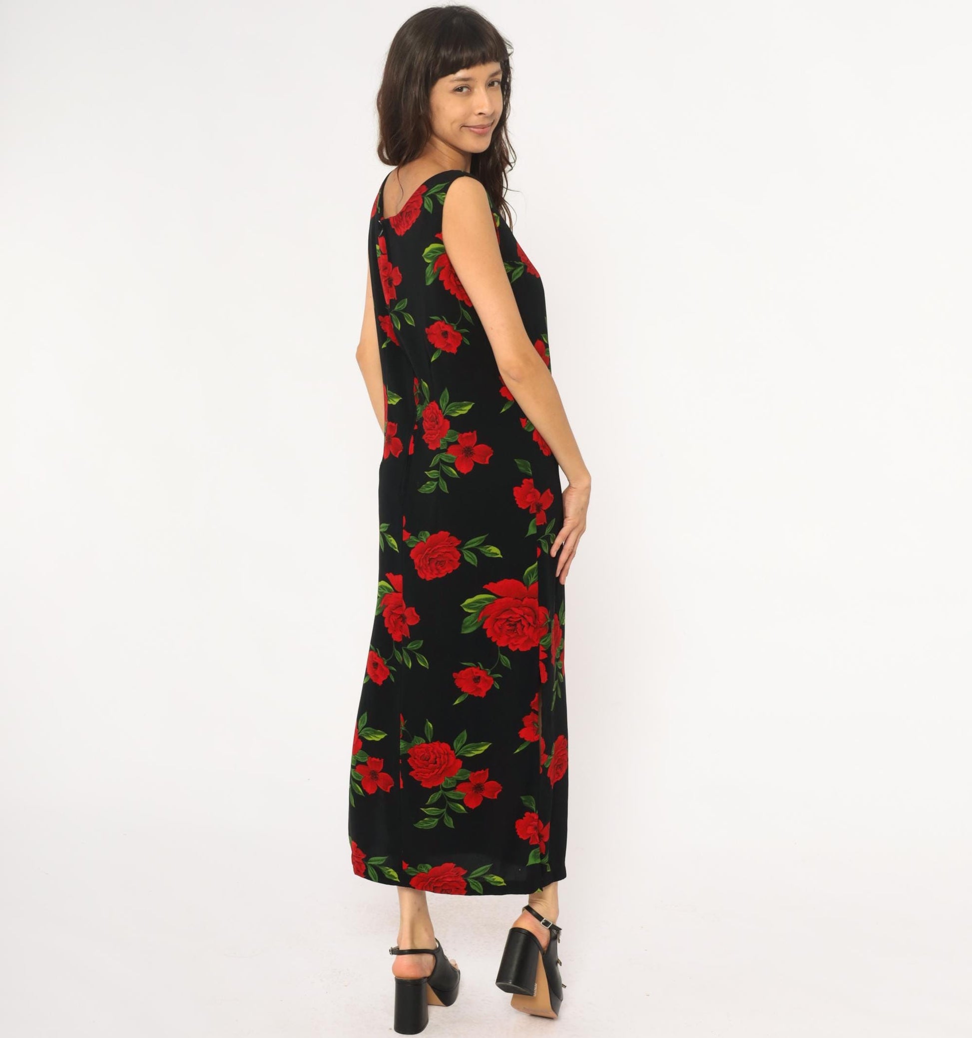 90s Black Maxi Dress Red Rose Floral Print Sleeveless Scoop Neck Medium