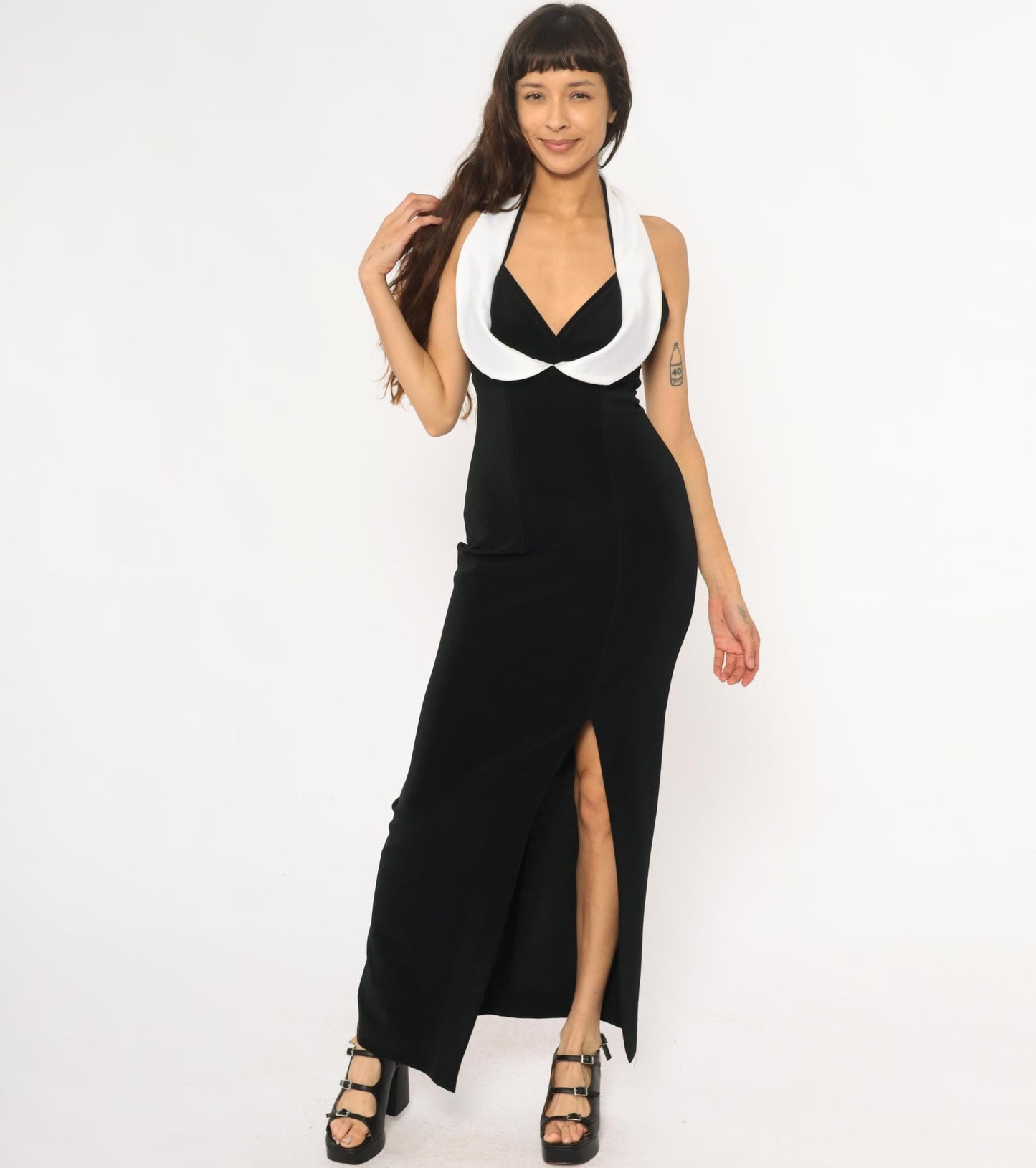 90s Cache Black Halter Maxi Dress White Collar Open Back Small S