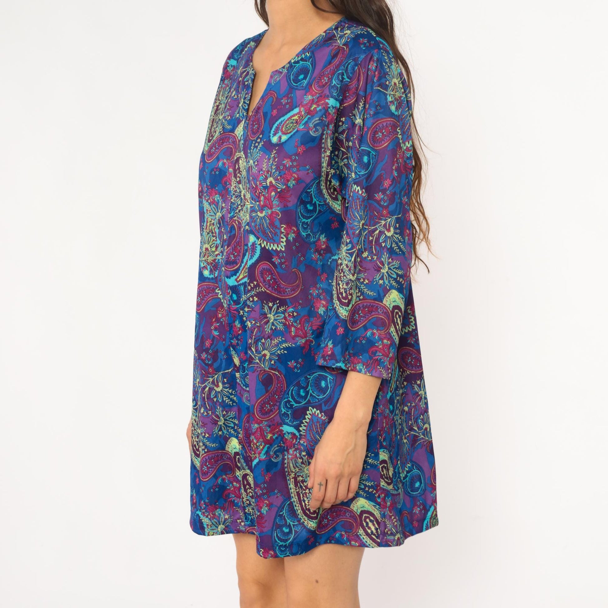 80s Paisley Shift Dress V-Neck Three-Quarter Sleeve Knee Length Large L