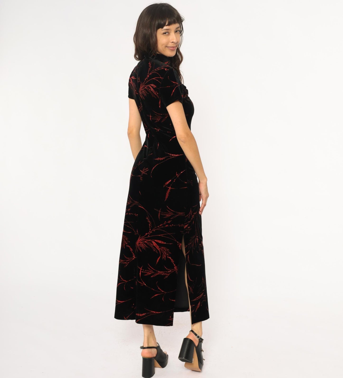 Y2K Black Velvet Maxi Dress Red Floral Cheongsam Mandarin Collar Small S