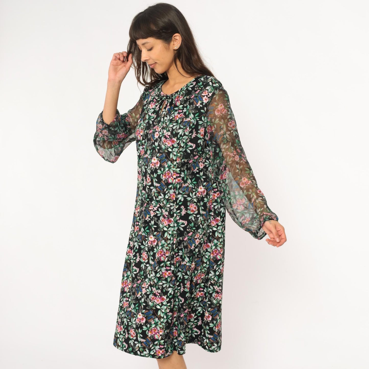 70s Black Floral Midi Dress Butterfly Print V-Neck Long Sleeve Extra Large