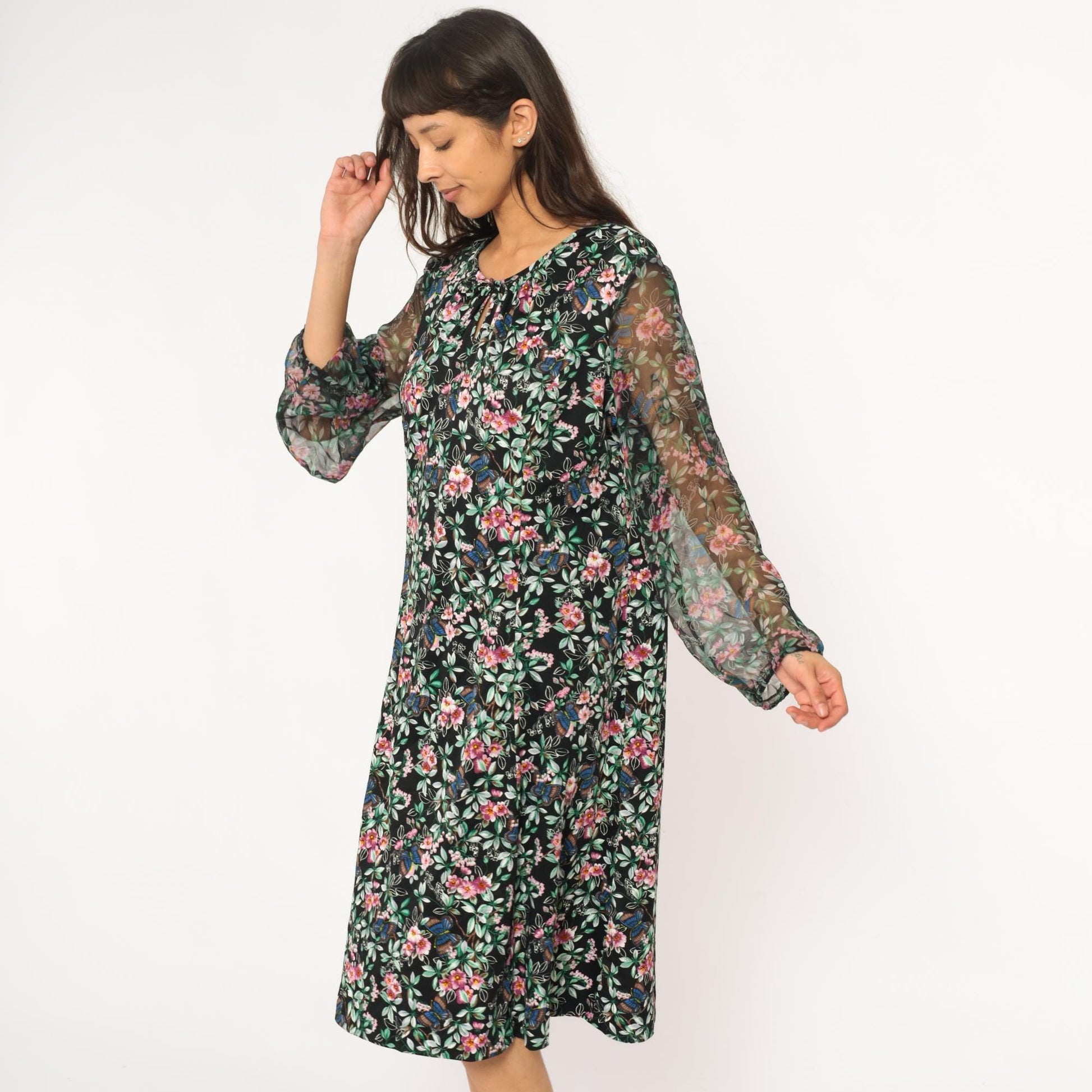 70s Black Floral Midi Dress Butterfly Print V-Neck Long Sleeve Extra Large