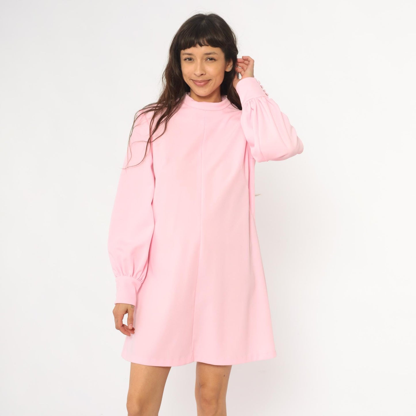 70s Pink Mini Dress Mock Neck Long Sleeve Shift A-Line Puff Sleeve Large L