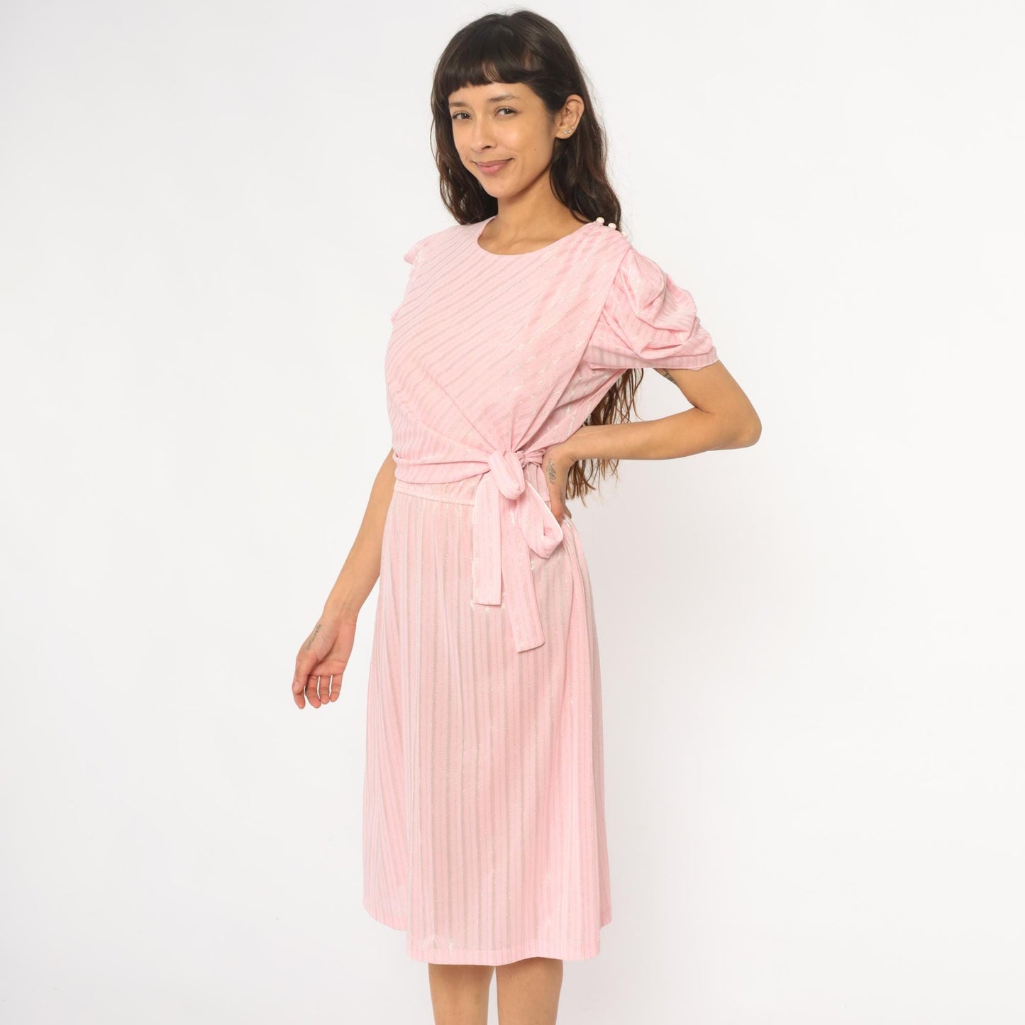 80s Pink Diagonal Stripe Midi Dress Puff Sleeve Tie Waist Small