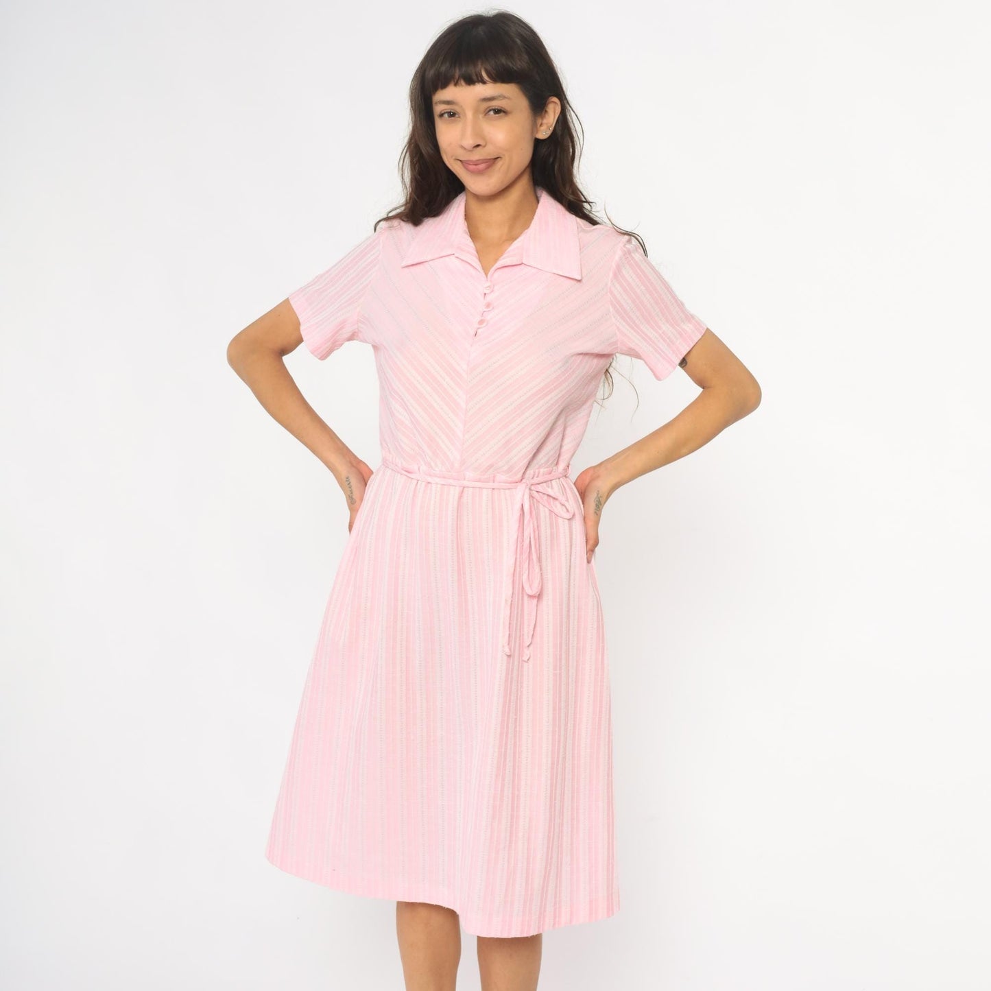 80s Pink Striped Shirt Dress Midi Polo Collar Button Front Medium