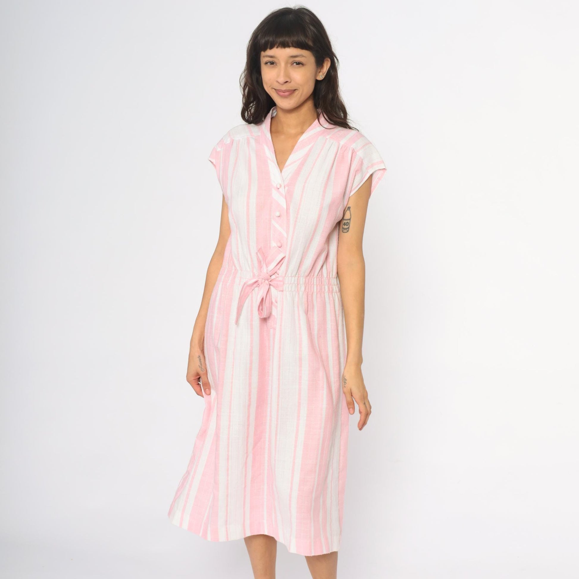 80s Murray Meisner Pink Striped Midi Dress Button Front V-Neck Small