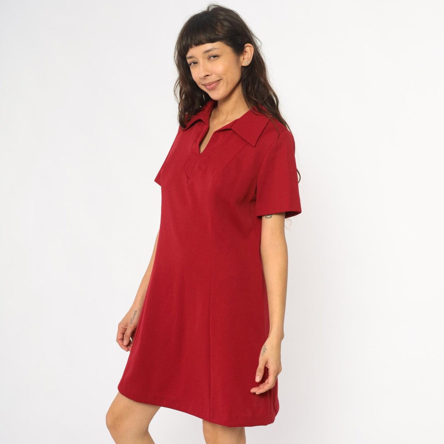 70s Lorac Burgundy Polo Shift Dress Knee-Length Short Sleeve Large L