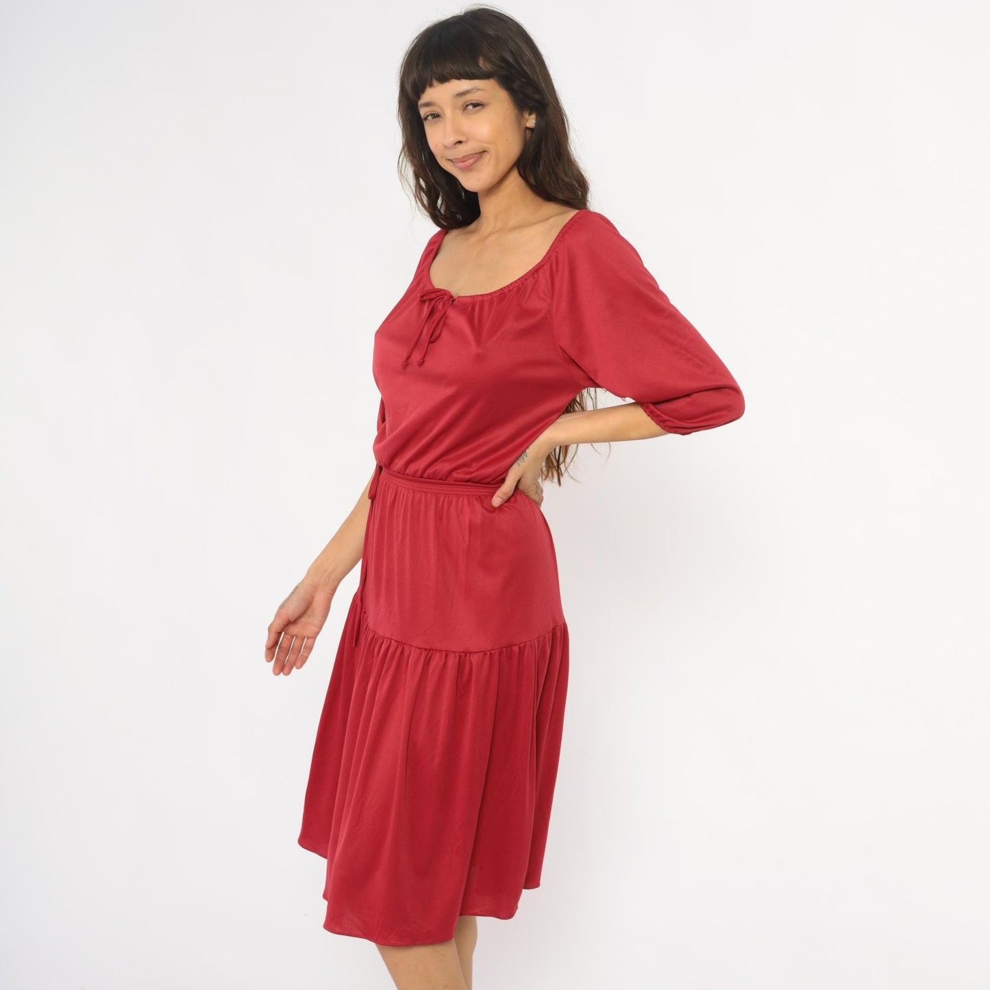 70s Cranberry Red Midi Dress Prairie Peasant Tiered Ruffle Drawstring Small Medium