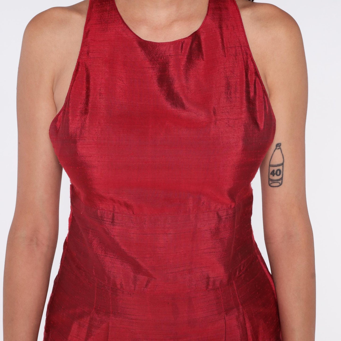 90s Crimson Halter Dress Cross-Back Knee Length Sleeveless Small