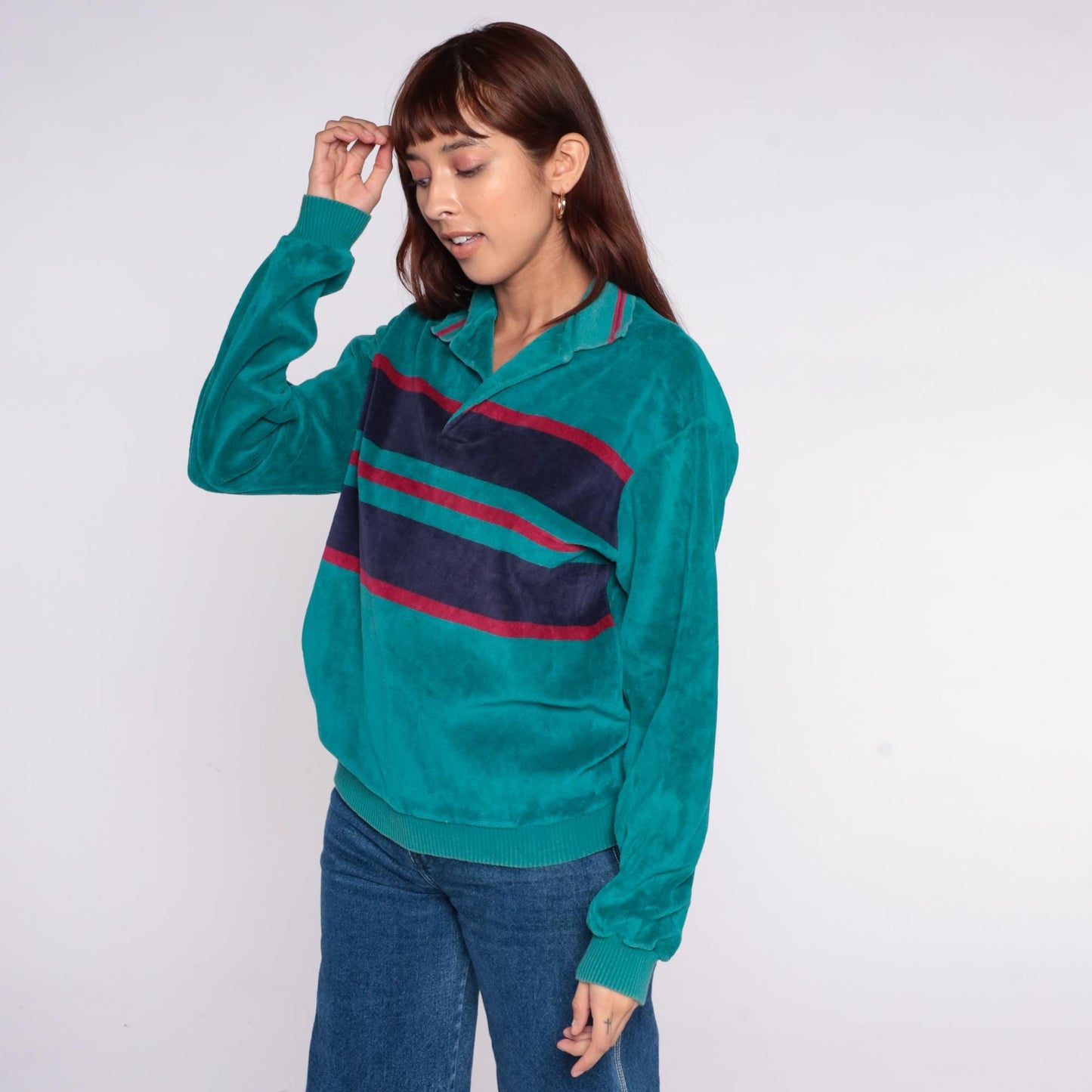 90s Chesterfield Velour Pullover Teal Striped Collared Sweatshirt Medium M