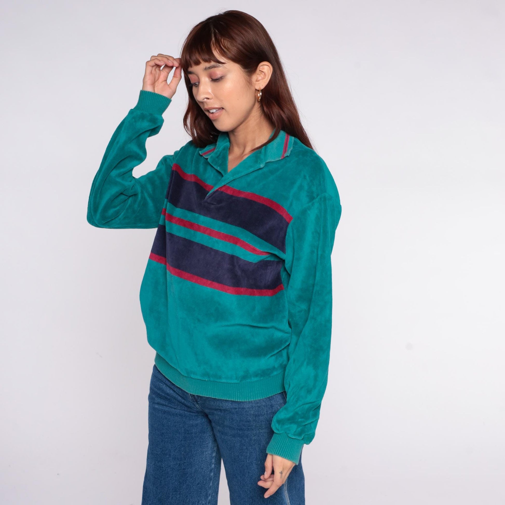 90s Chesterfield Velour Pullover Teal Striped Collared Sweatshirt Medium M