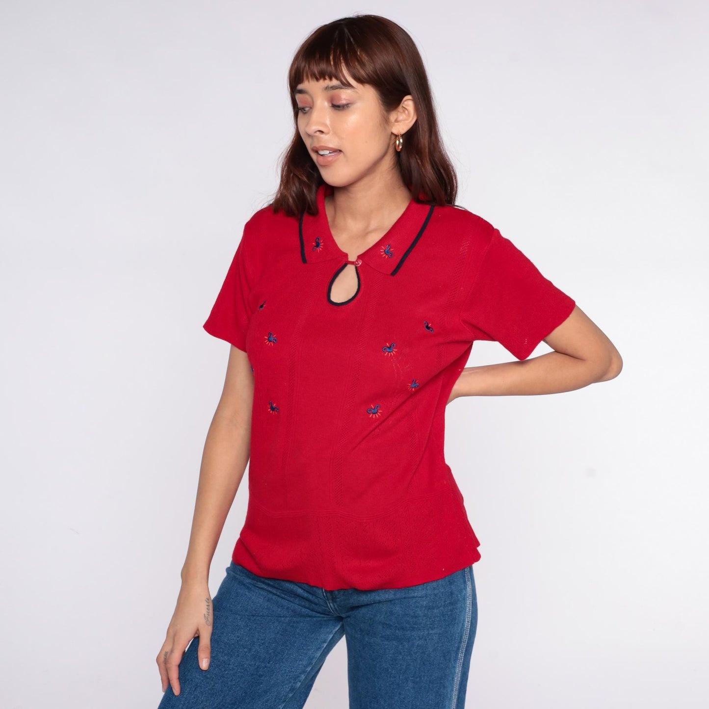70s Lady Loana Red Polo Shirt Embroidered Flowers Keyhole Neckline Medium