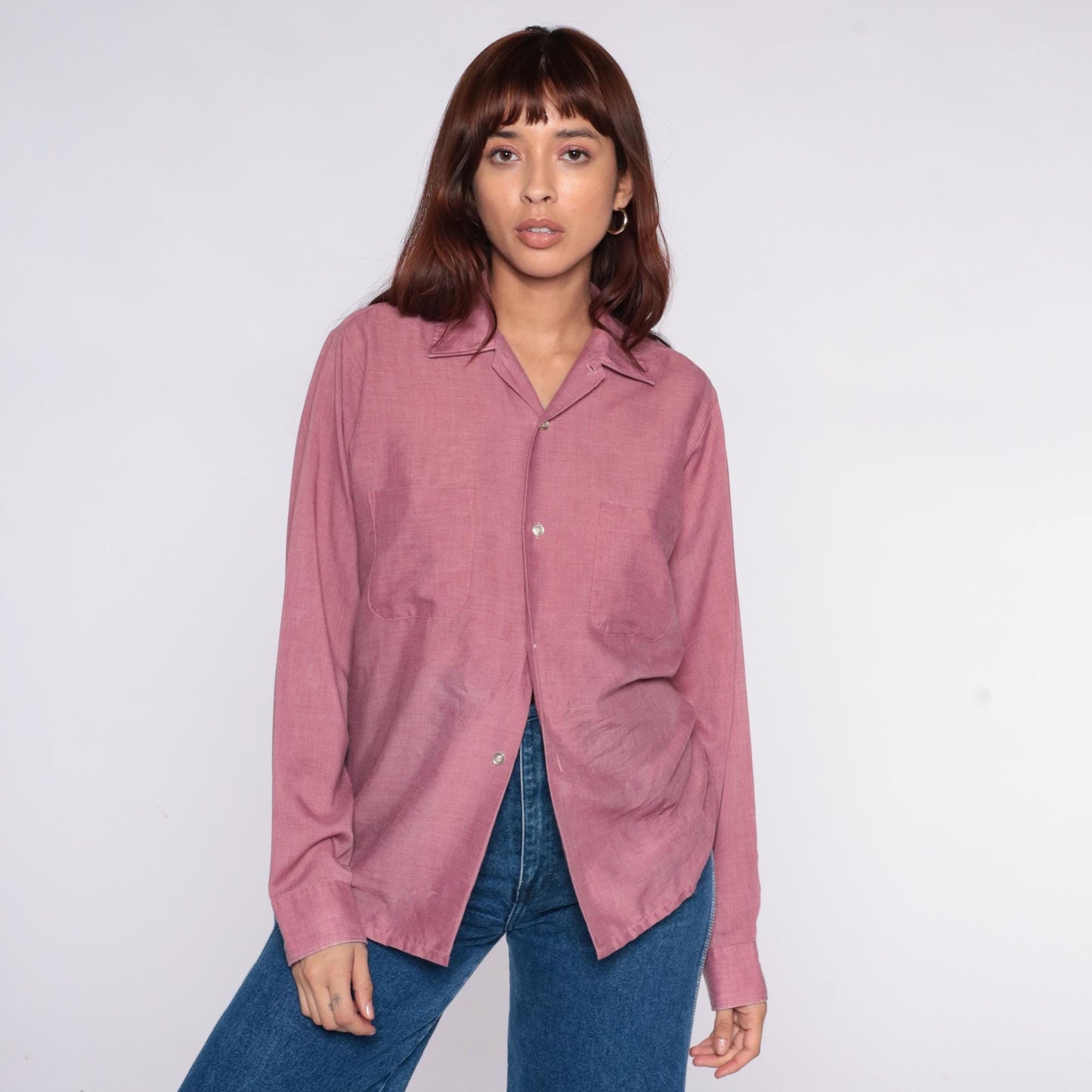 70s BVD Dusty Rose Button-Up Shirt Spread Collar Long Sleeve Small