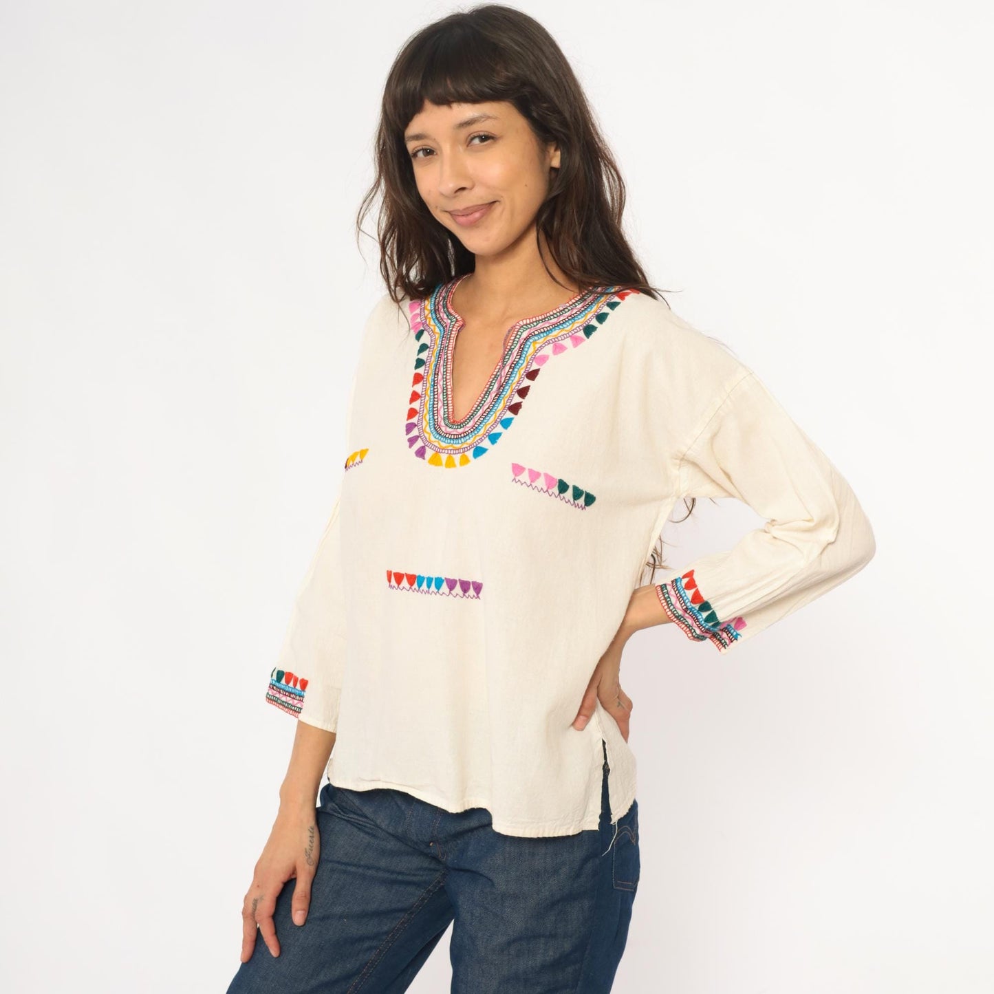 70s Embroidered Mexican Cotton Tunic Blouse Cream Multicolor Medium M
