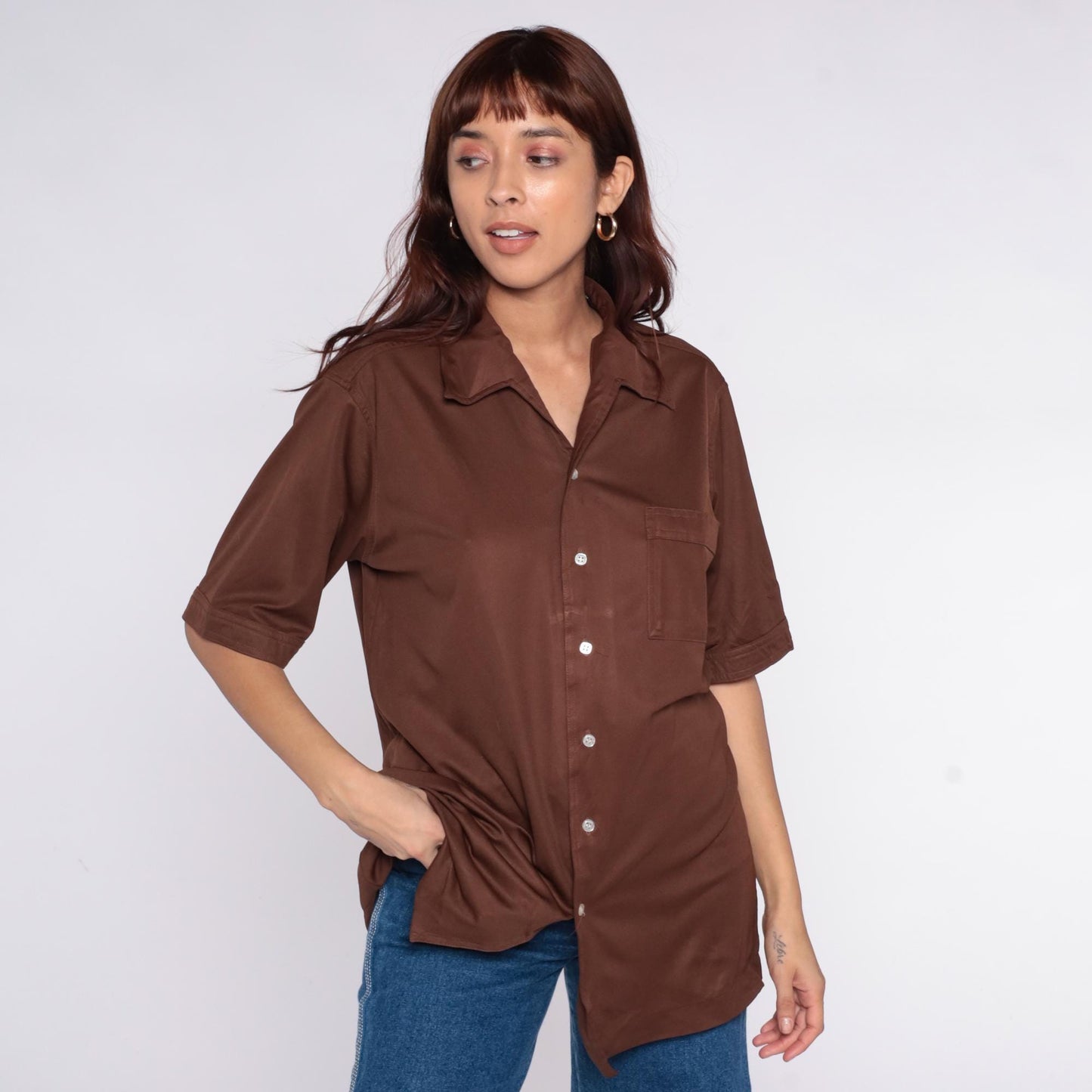 70s California Class Chocolate Brown Button-Up Shirt Camp Collar Large L