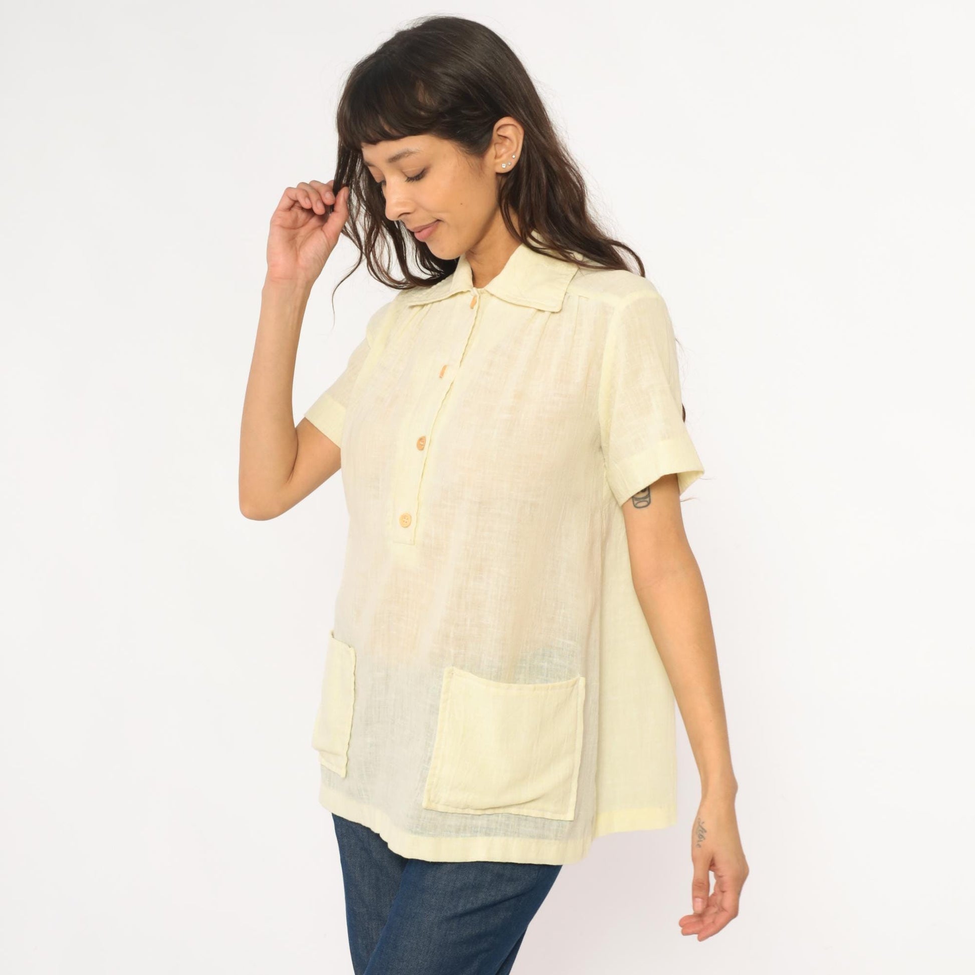 70s Pale Yellow Collared Shirt Pintuck Pleated Camp Blouse Medium M